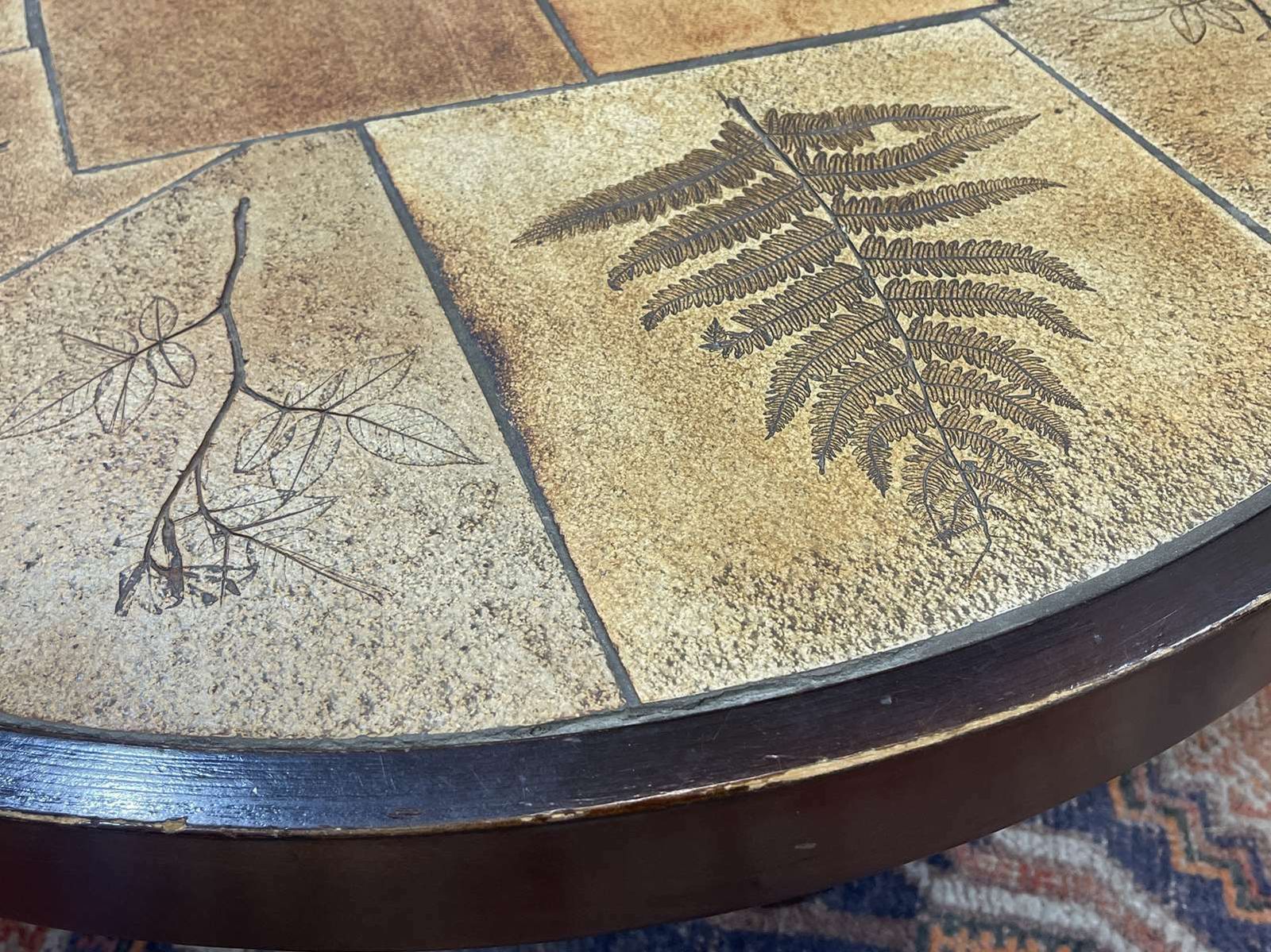 Beech Coffee Table And Ceramic Top With Herbarium Decoration Signed Raymonde Leduc Vallauris, Work From The 1960s photo vintage