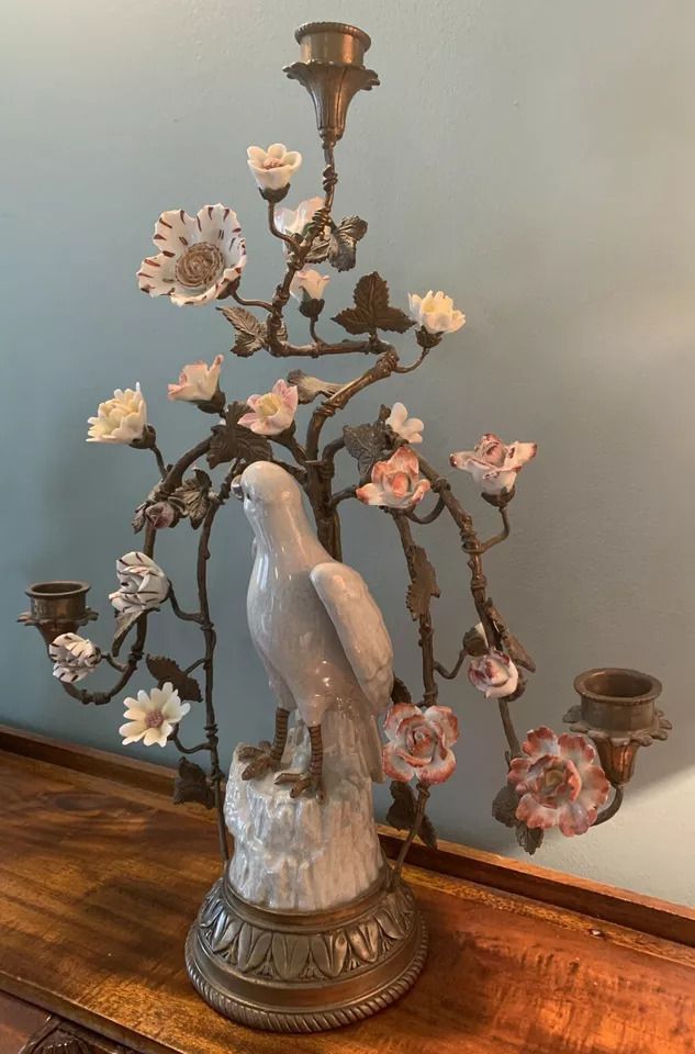 Exquisite Large Vintage Porcelain & Bronze Candelabra With Bird & Flowers photo Home Decor