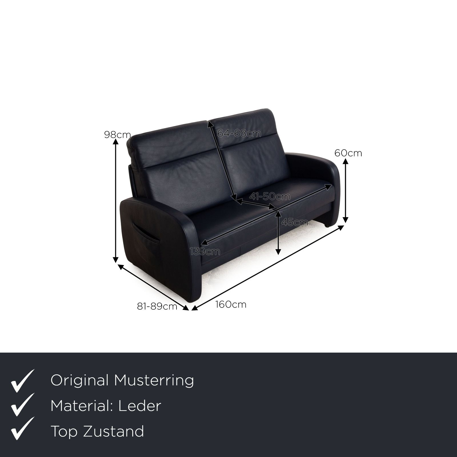Musterring Leather Three Seater Blue Black Sofa Manual Function photo furniture