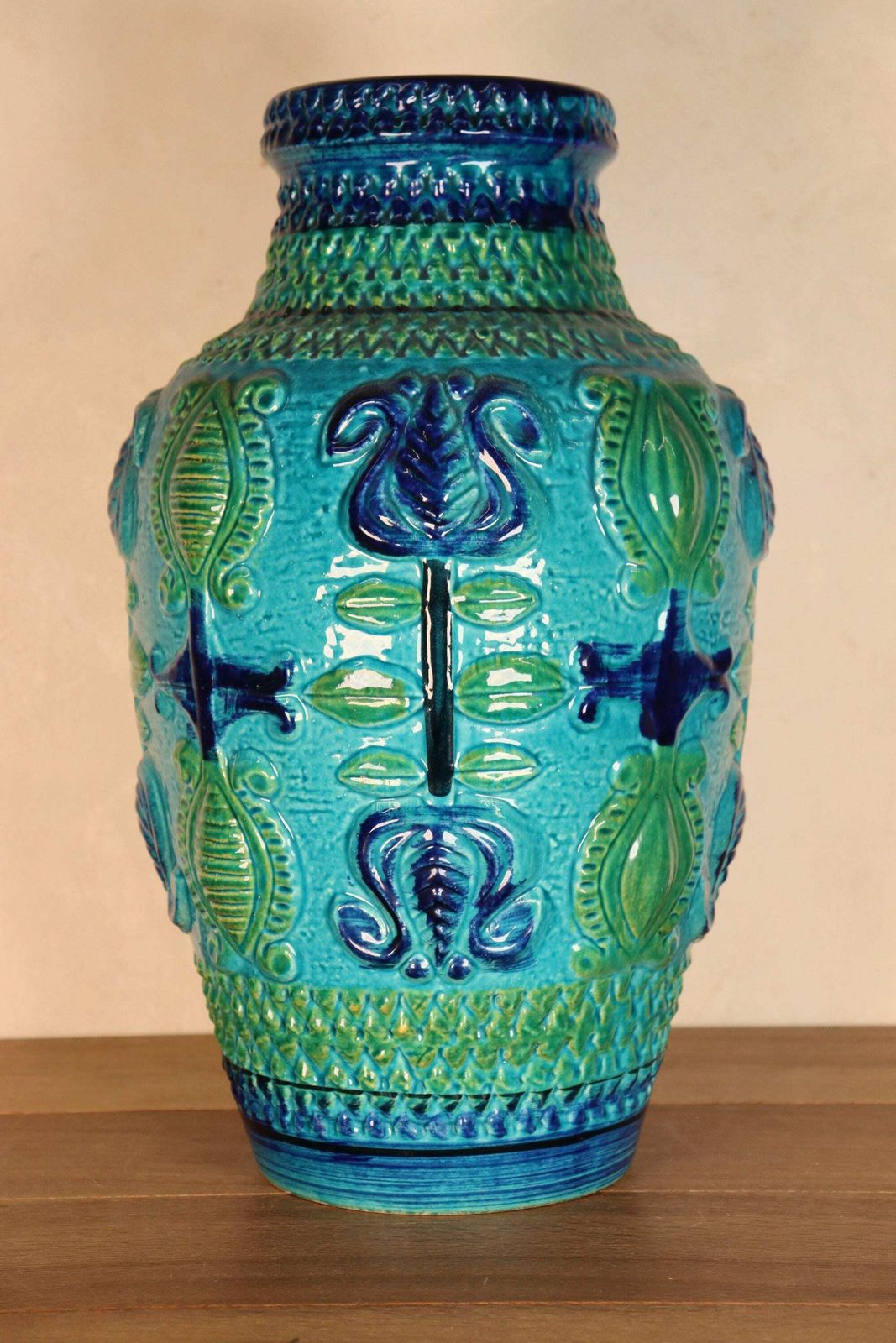 German Xl Midcentury Glazed Blue And Green Ceramic Vessel Vase, W   Germany Bay (St.197) photo furniture