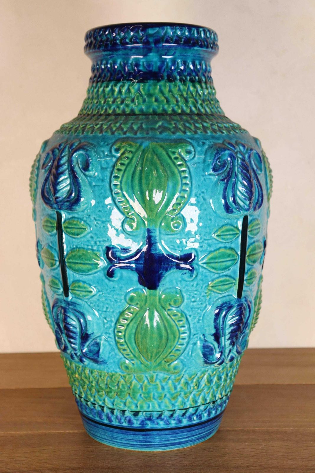 German Xl Midcentury Glazed Blue And Green Ceramic Vessel Vase, W   Germany Bay (St.197) photo Home Decor