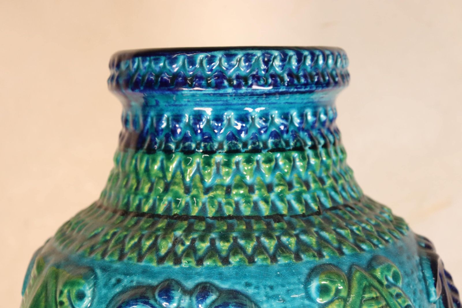 German Xl Midcentury Glazed Blue And Green Ceramic Vessel Vase, W   Germany Bay (St.197) photo vinterior
