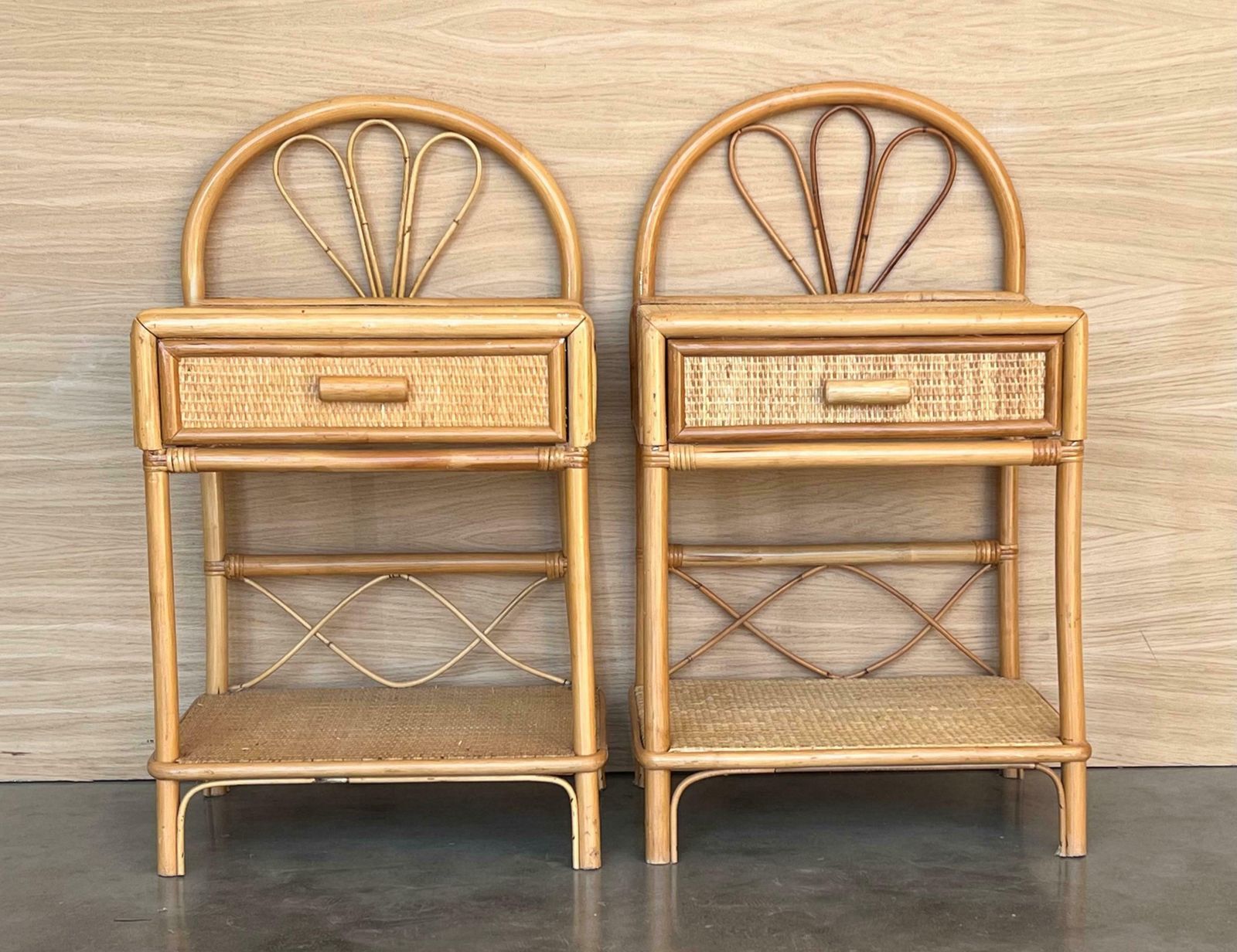 Pair Of Split Reed Bamboo Rattan Nightstands With Drawer And Low Tier, 1970s photo furniture