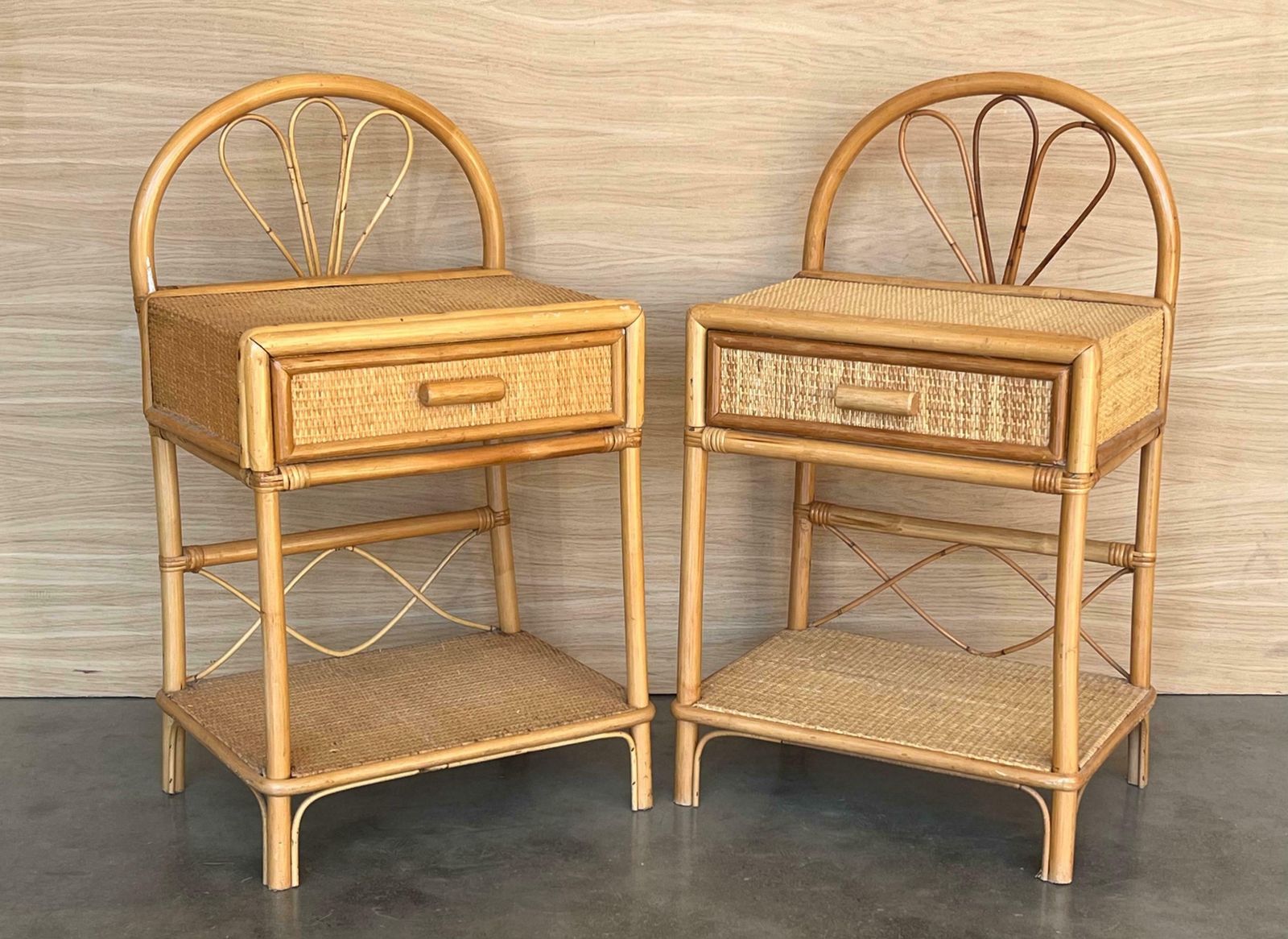 Pair Of Split Reed Bamboo Rattan Nightstands With Drawer And Low Tier, 1970s photo 1979.0