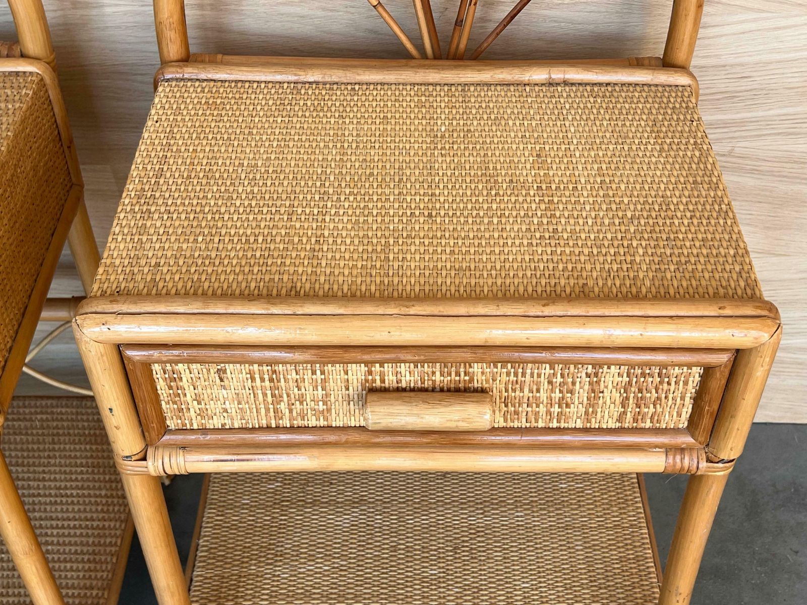 photo for sale Pair Of Split Reed Bamboo Rattan Nightstands With Drawer And Low Tier, 1970s