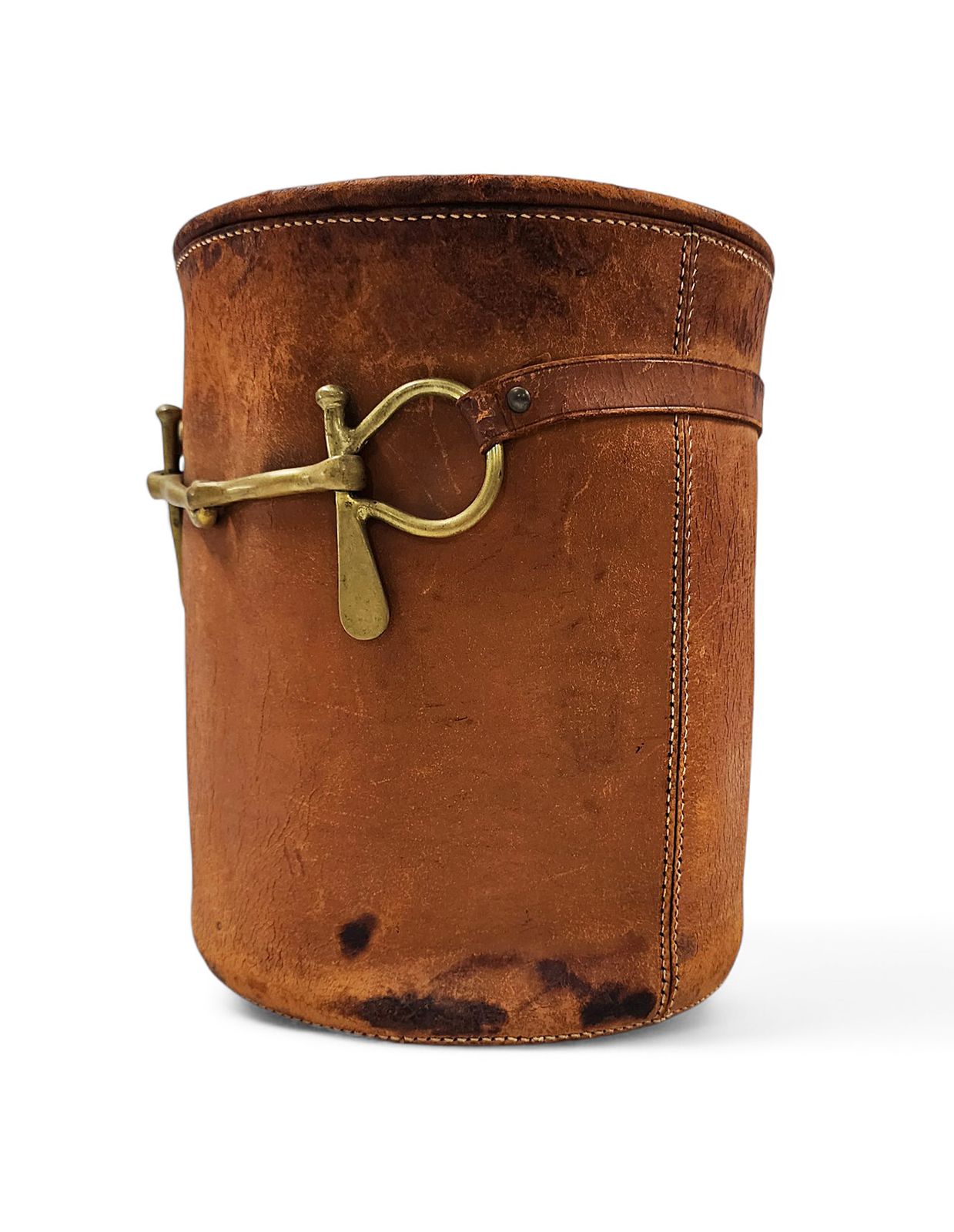 Mid 20th Century Modern Leather Cylindrical Paper Waste Bin/Basket With Lid By Luxury Brand Hermès Paris, France photo for sale