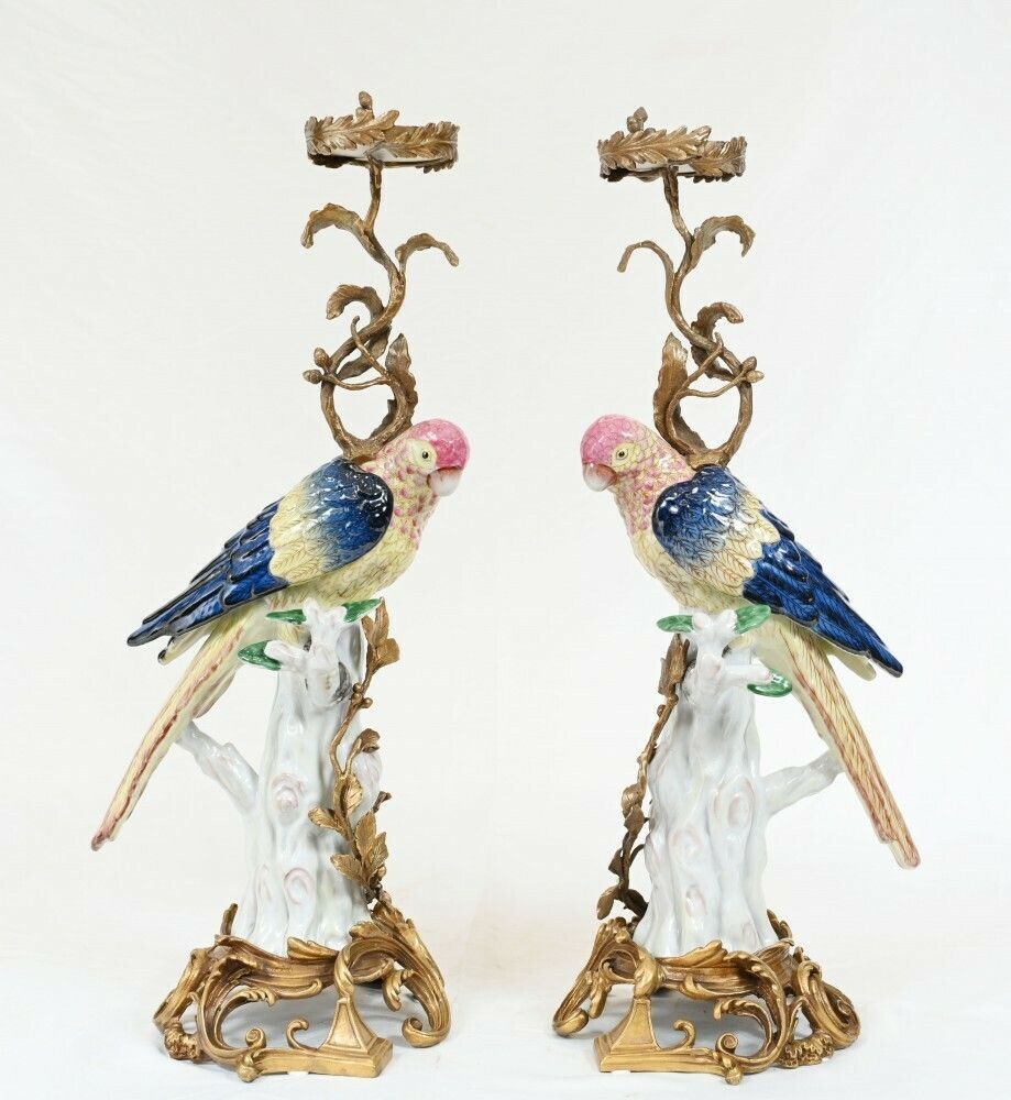 Pair French Parrot Candelabras Porcelain Bird Candlesticks photo for sale