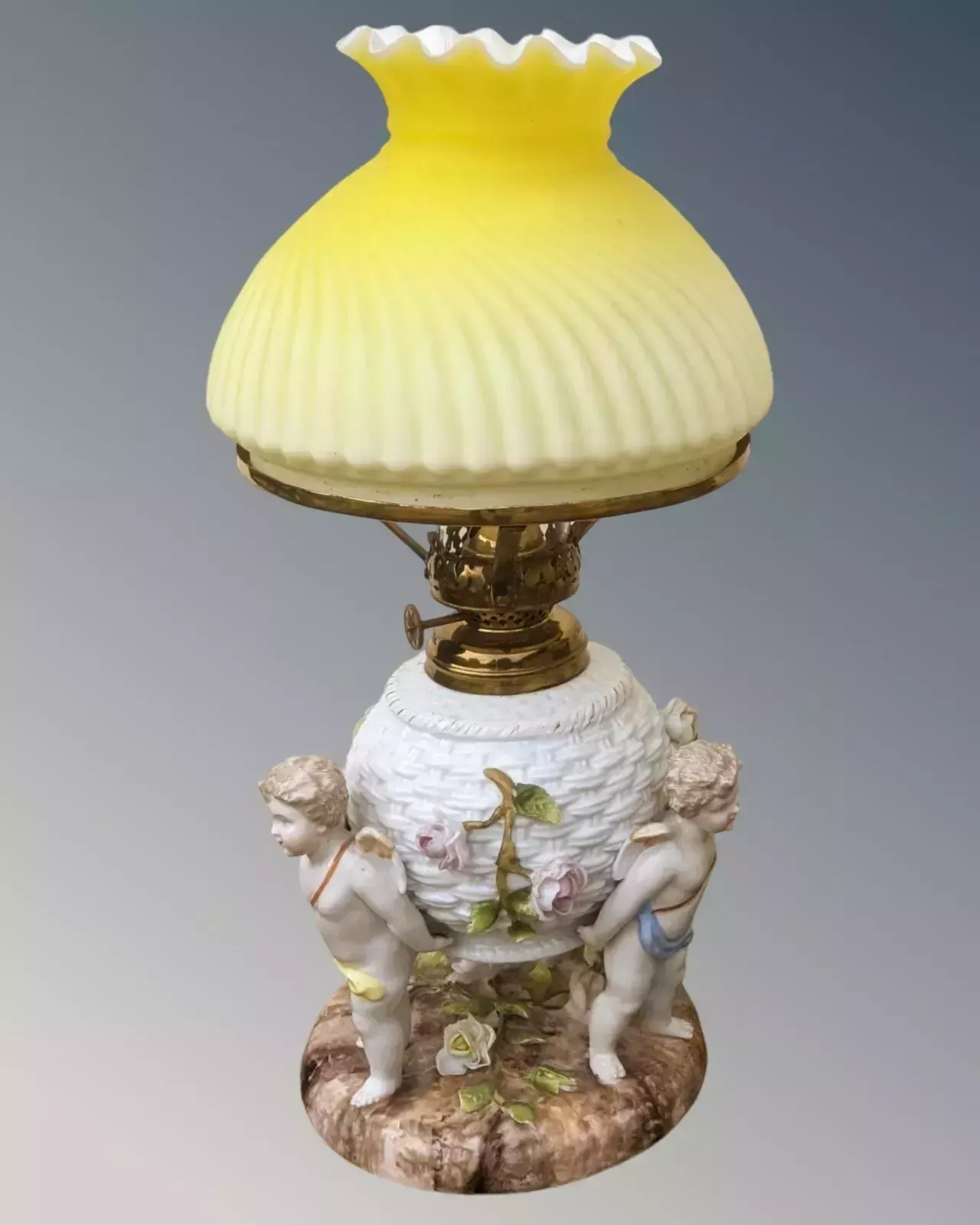 Very Pretty Pair Of Meissen Porcelain Cherub Oil Lamps photo for sale