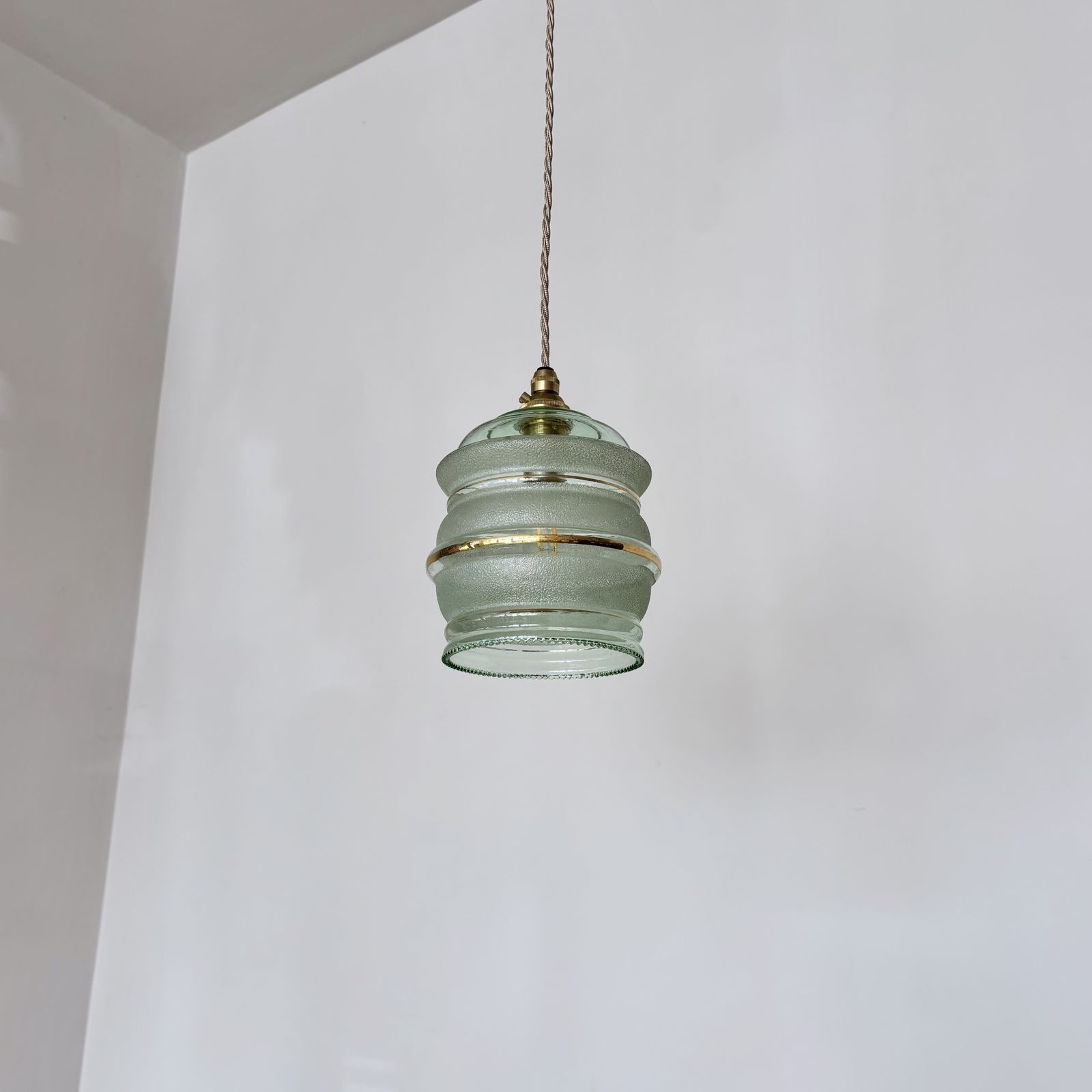Mid Century Green Glass Shade With Gold Band Details photo for sale