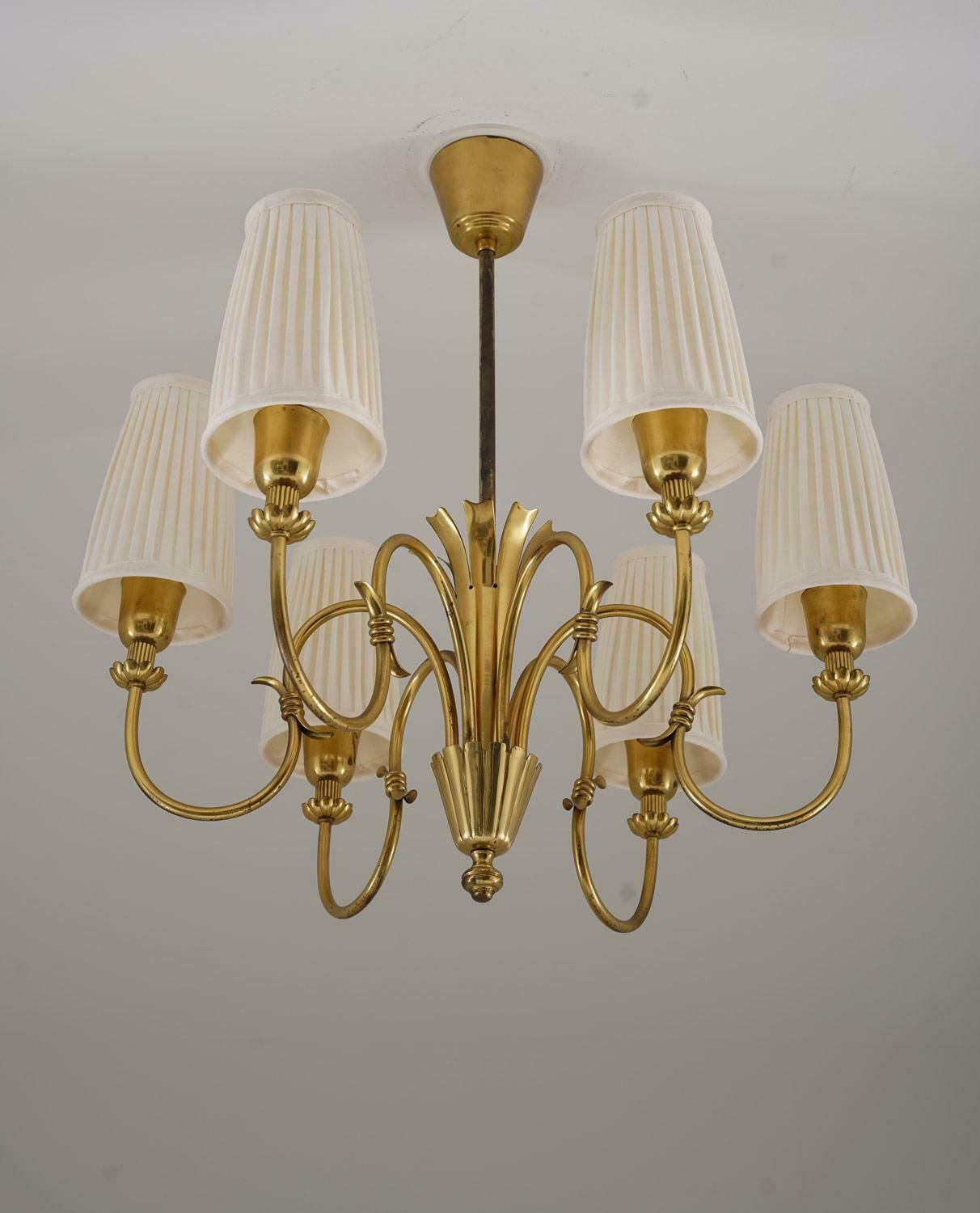 Swedish Modern Chandelier By Böhlmarks In Brass And Wood, 1940s photo Lighting