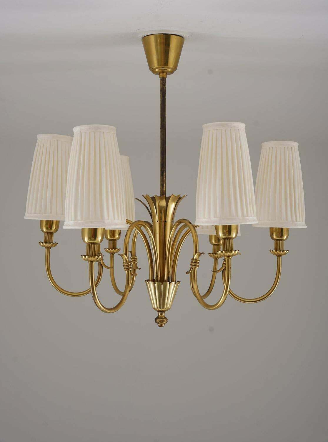 Swedish Modern Chandelier By Böhlmarks In Brass And Wood, 1940s photo 3834.0
