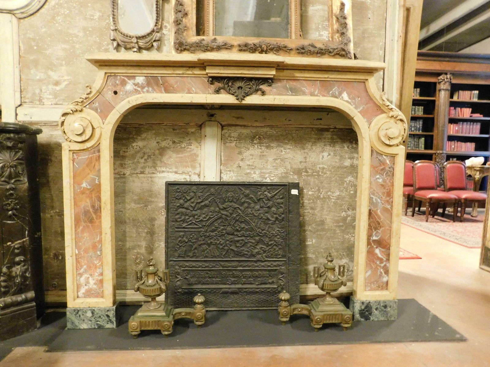 Important Mantle Fireplace In Marble Inlays Red/Yellow, Italy photo for sale
