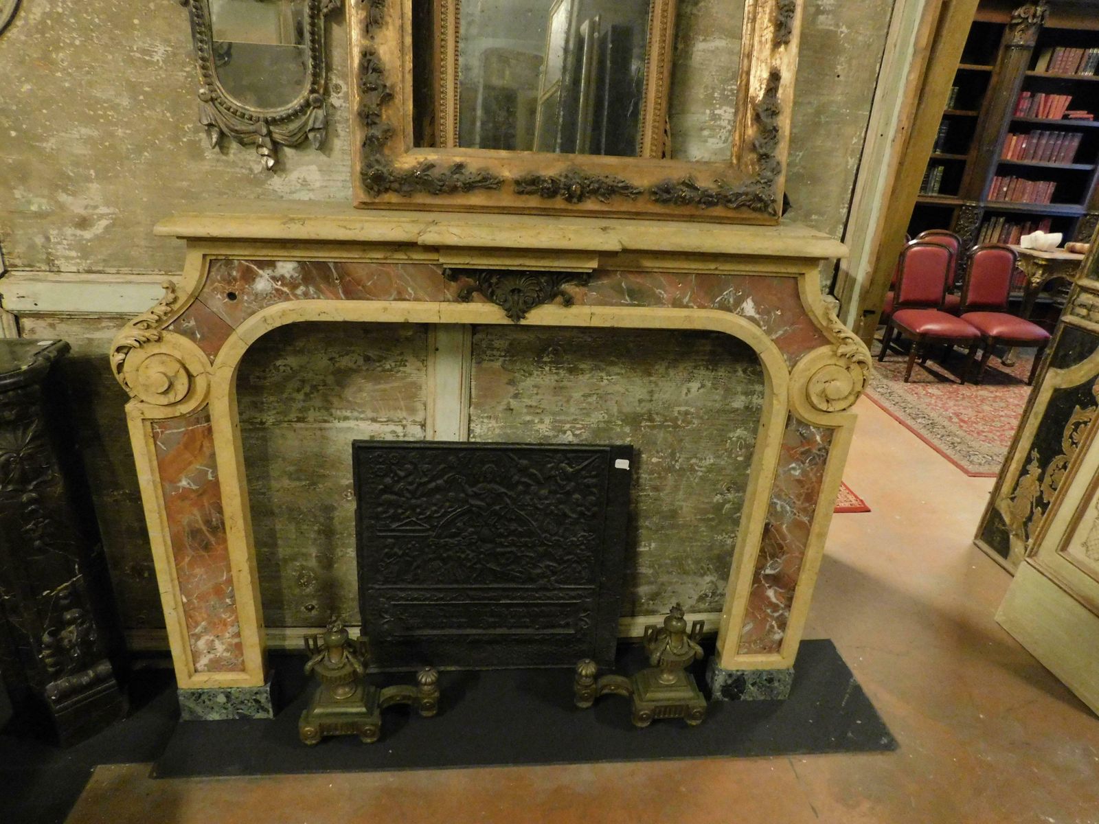 Important Mantle Fireplace In Marble Inlays Red/Yellow, Italy photo 5964.0