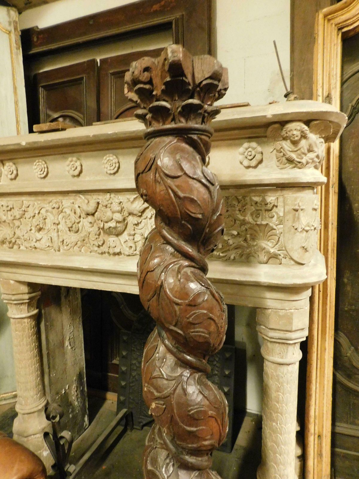Column In Dark Brown Walnut Wood, Hand Sculpted With A Twisted Shape, Italy photo Home Decor