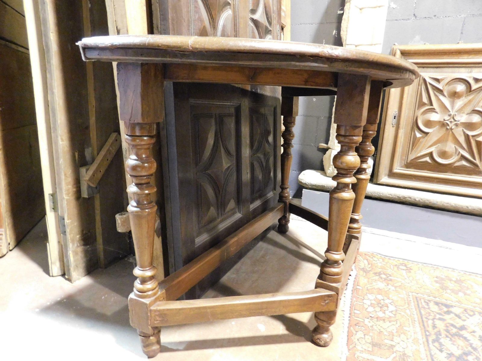 Console Table In Walnut Wood, Turned Legs Joined By Crosspieces, Italy photo vintage