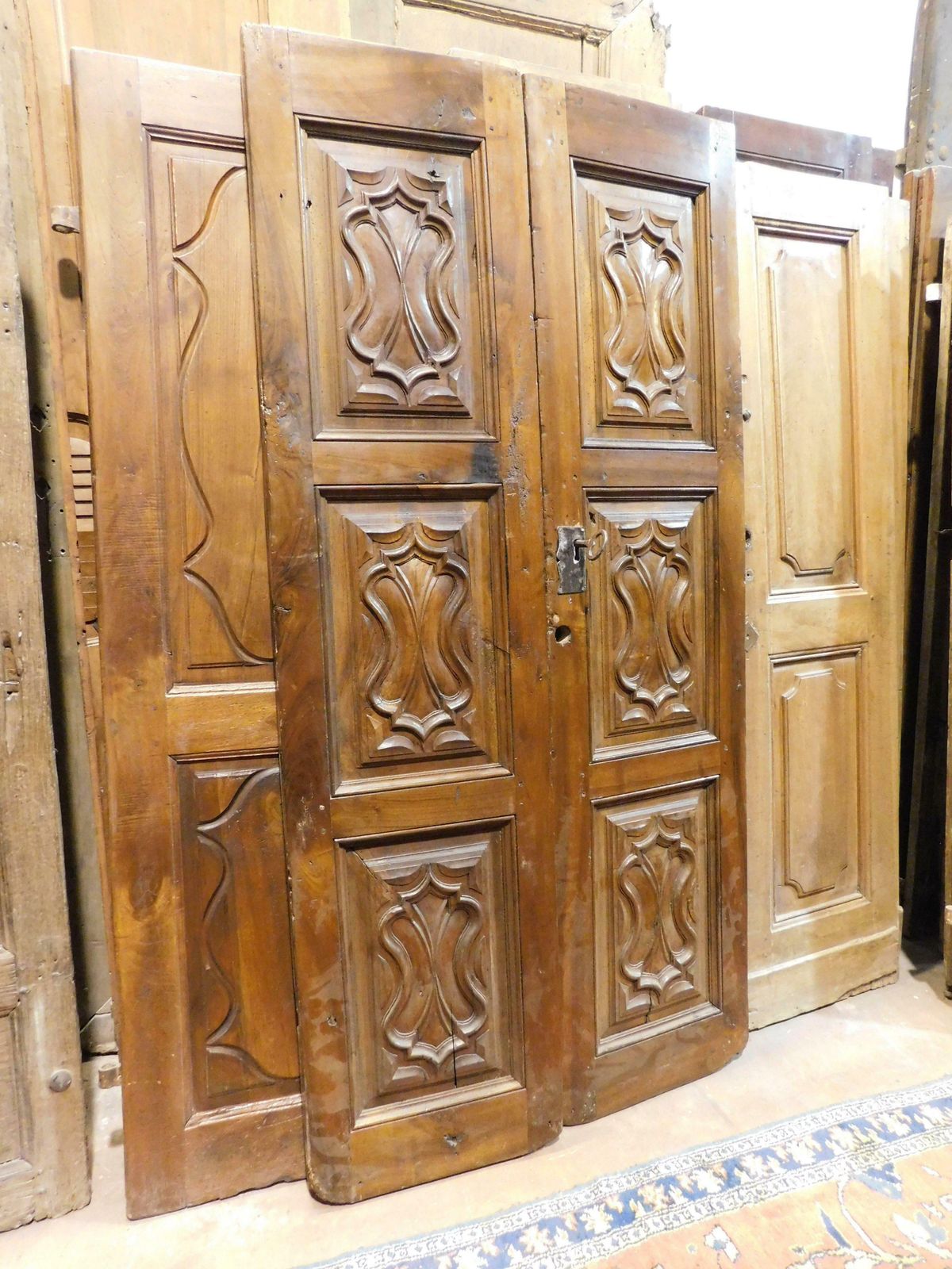 Walnut Wood Entrance Door, Carved, Double Wing, Italy photo vintage