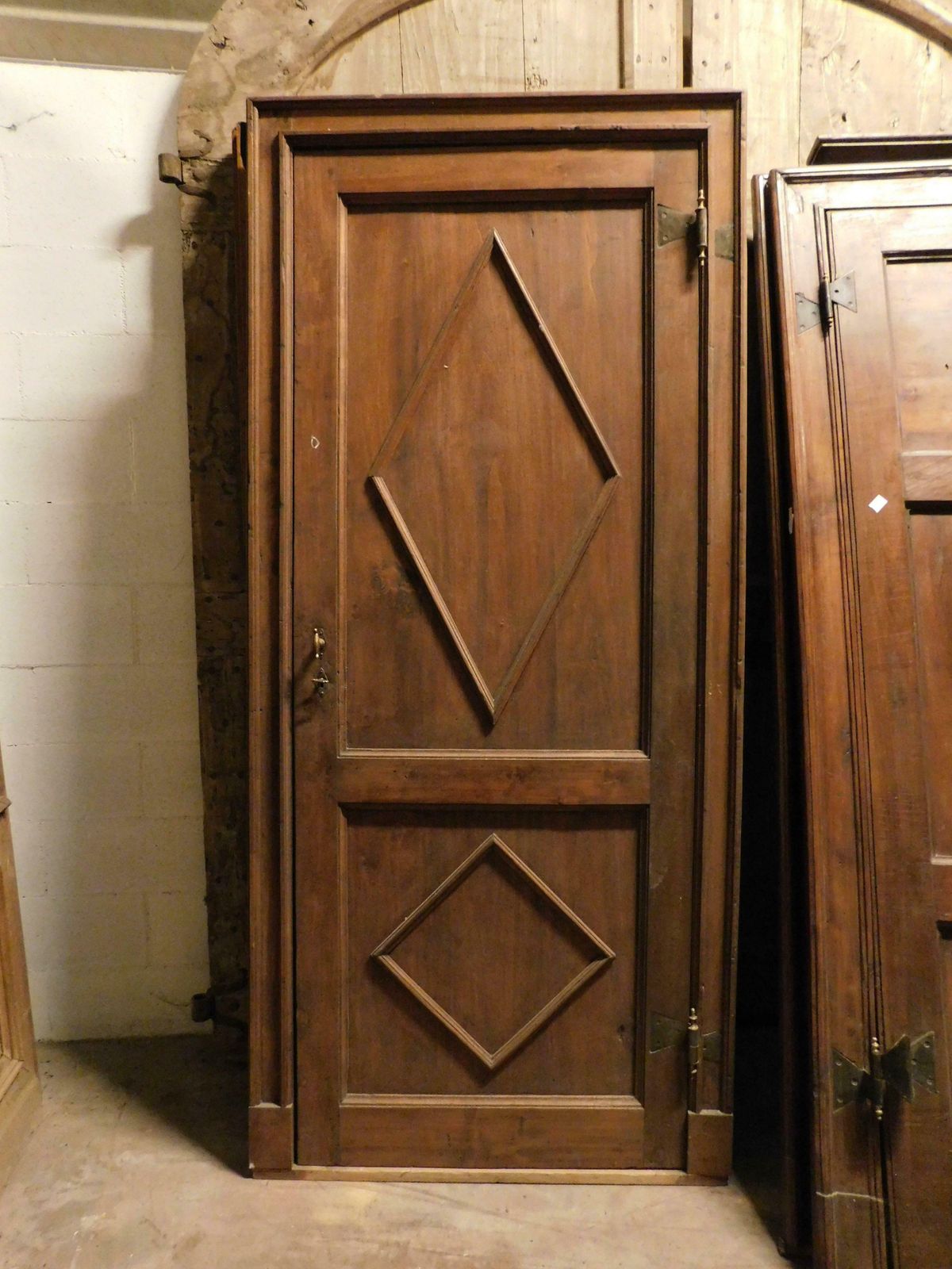 Set Of 3 Poplar Wood Doors With Carved Diamond, Complete With Frame, Italy photo for sale