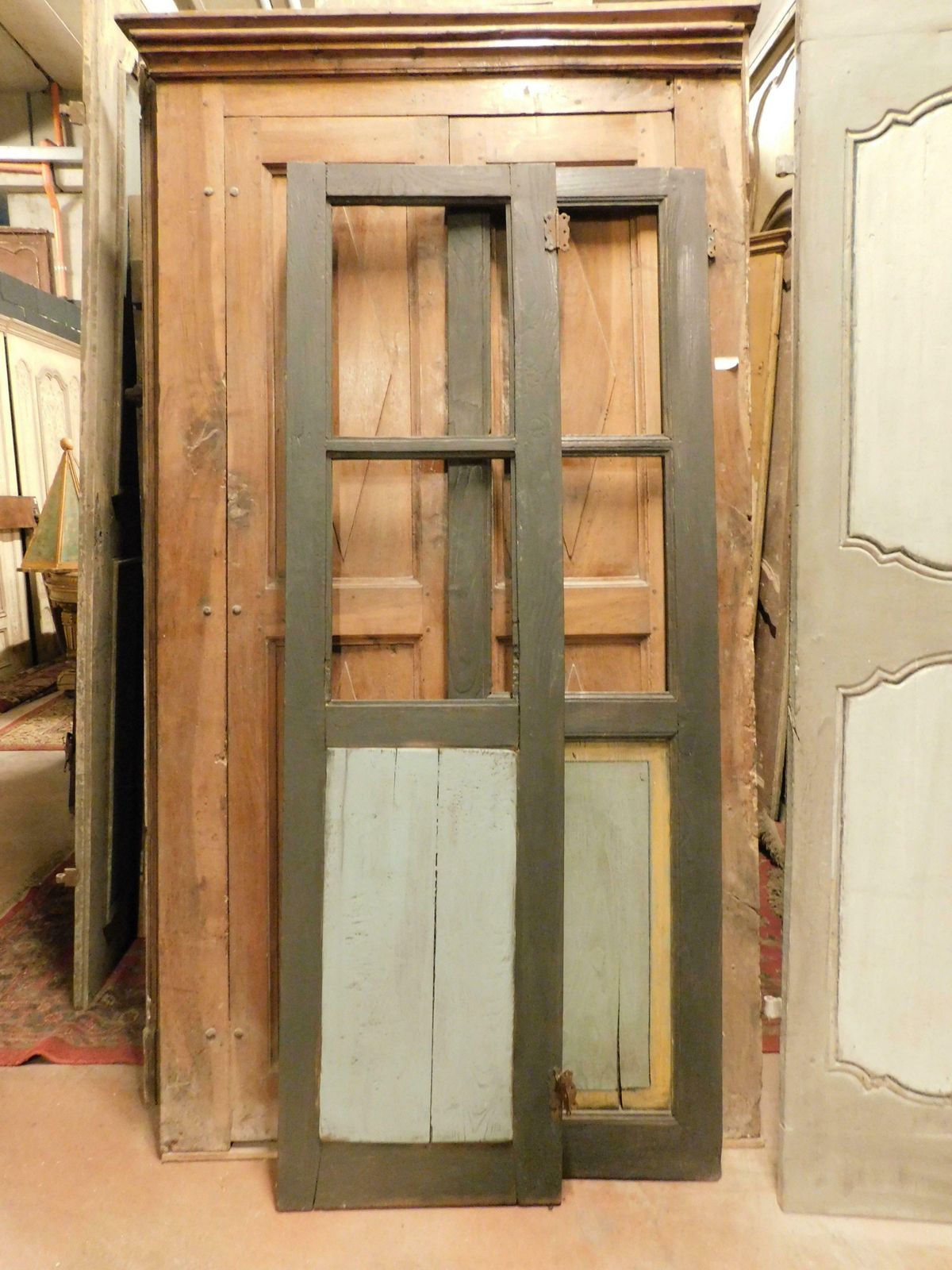 Old Lacquered Glass Door, Two Leaves, Italy photo vintage