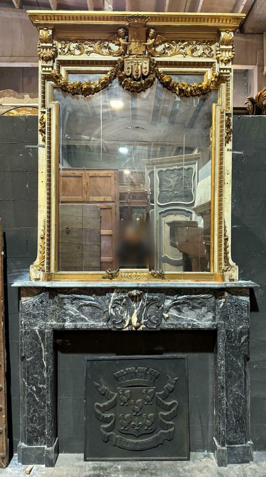 Fireplace Mantle In Fine Gray Marble With White Veins, Carved, Italy photo for sale
