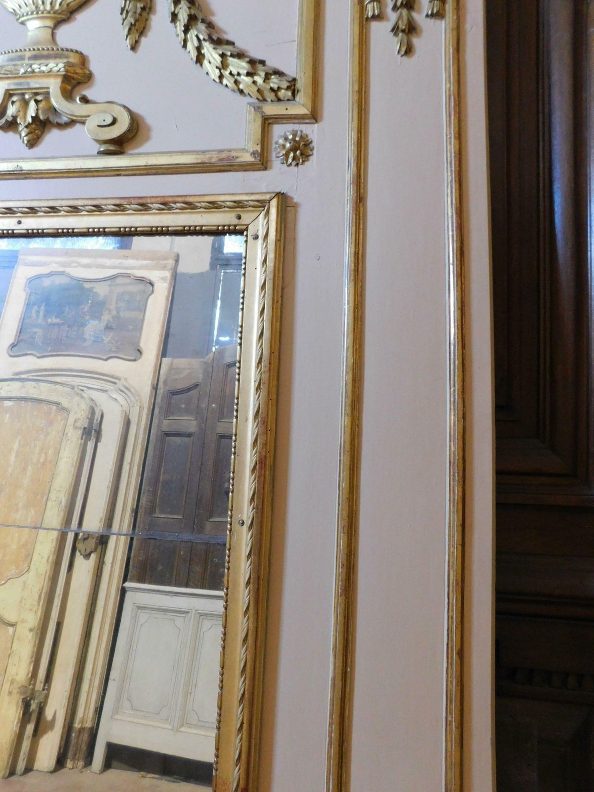photo for sale Large White Lacquered Wooden Mirror With Golden Decorations, Very High, France