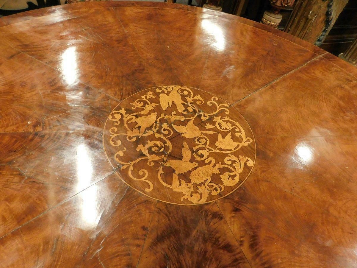 Round Walnut Center Table With Inlay, Carved Leg, Italy photo Furniture
