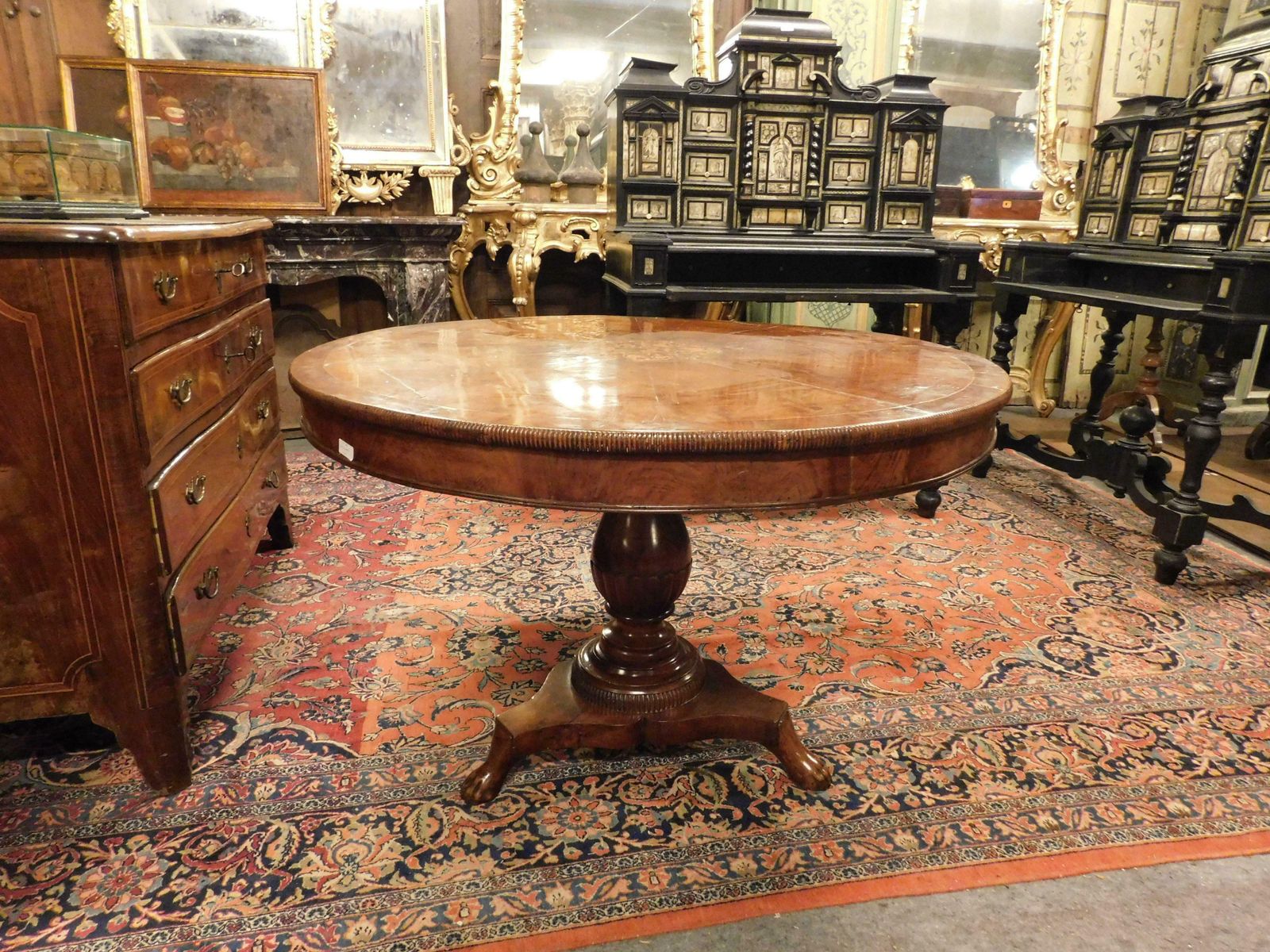 Round Walnut Center Table With Inlay, Carved Leg, Italy photo vinterior