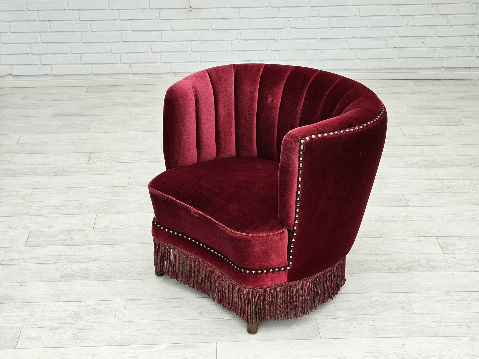 1970s, Danish Lounge Chair, Original Condition, Cherry Red Velour Fabric. photo vintage