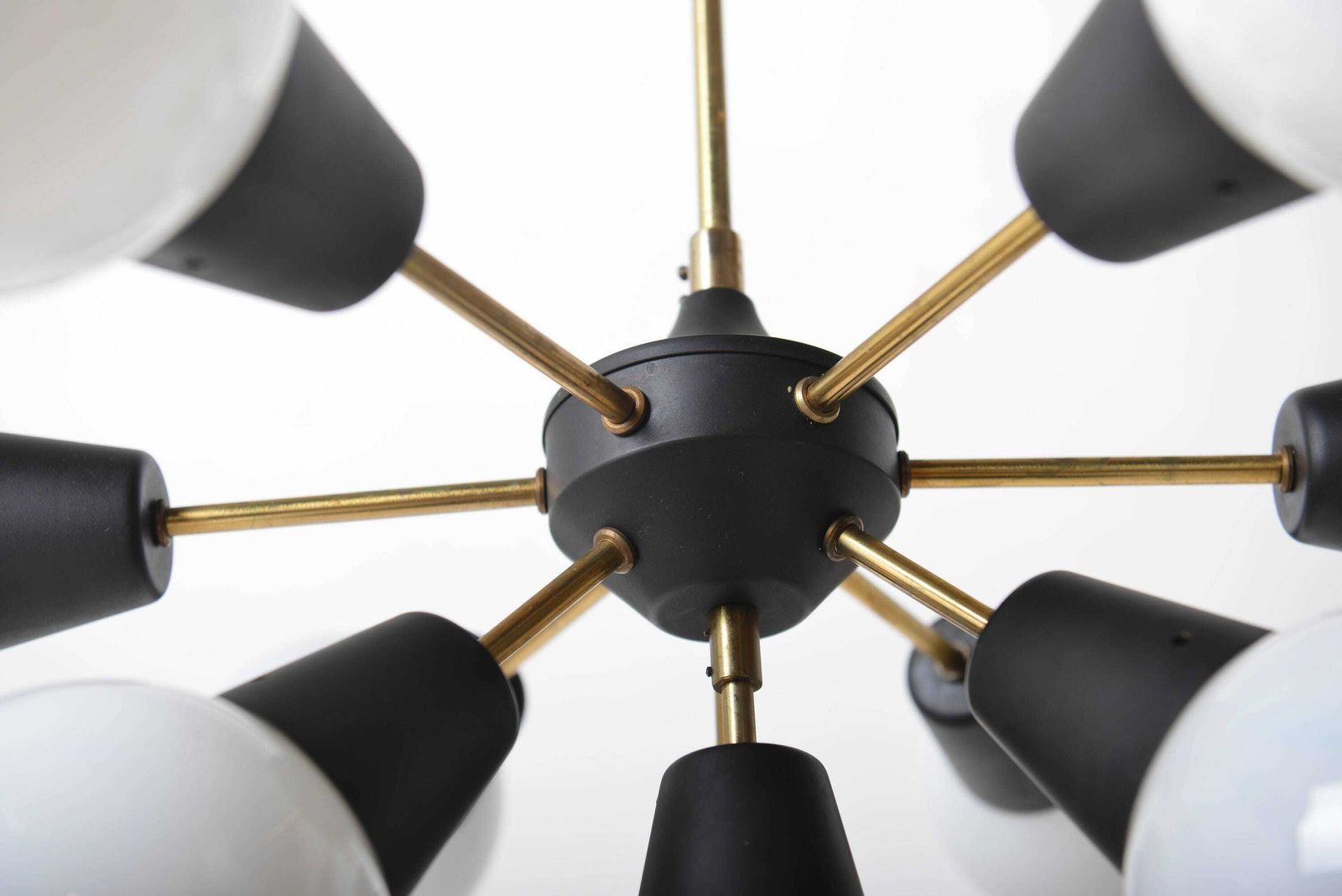 Mid Century Sputnik Chandelier From Kamenický šenov, 1970s – Brass & Opaline Glass, Perfect For Mid Century Decor, Space Age Sputnik Light photo for sale