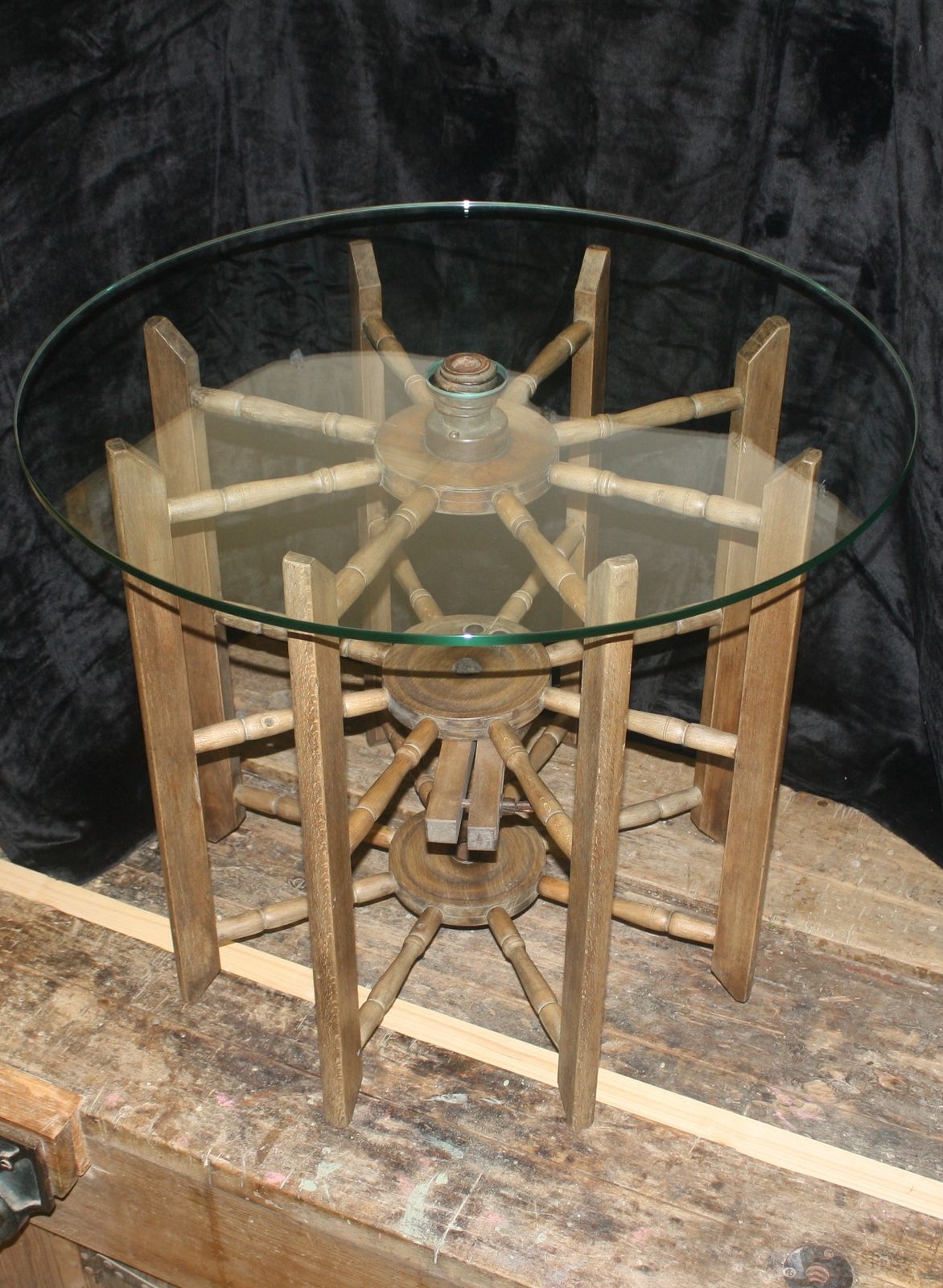 Unique Glass Topped Table. Industrial, Aged Base With New Safety Glass Top.