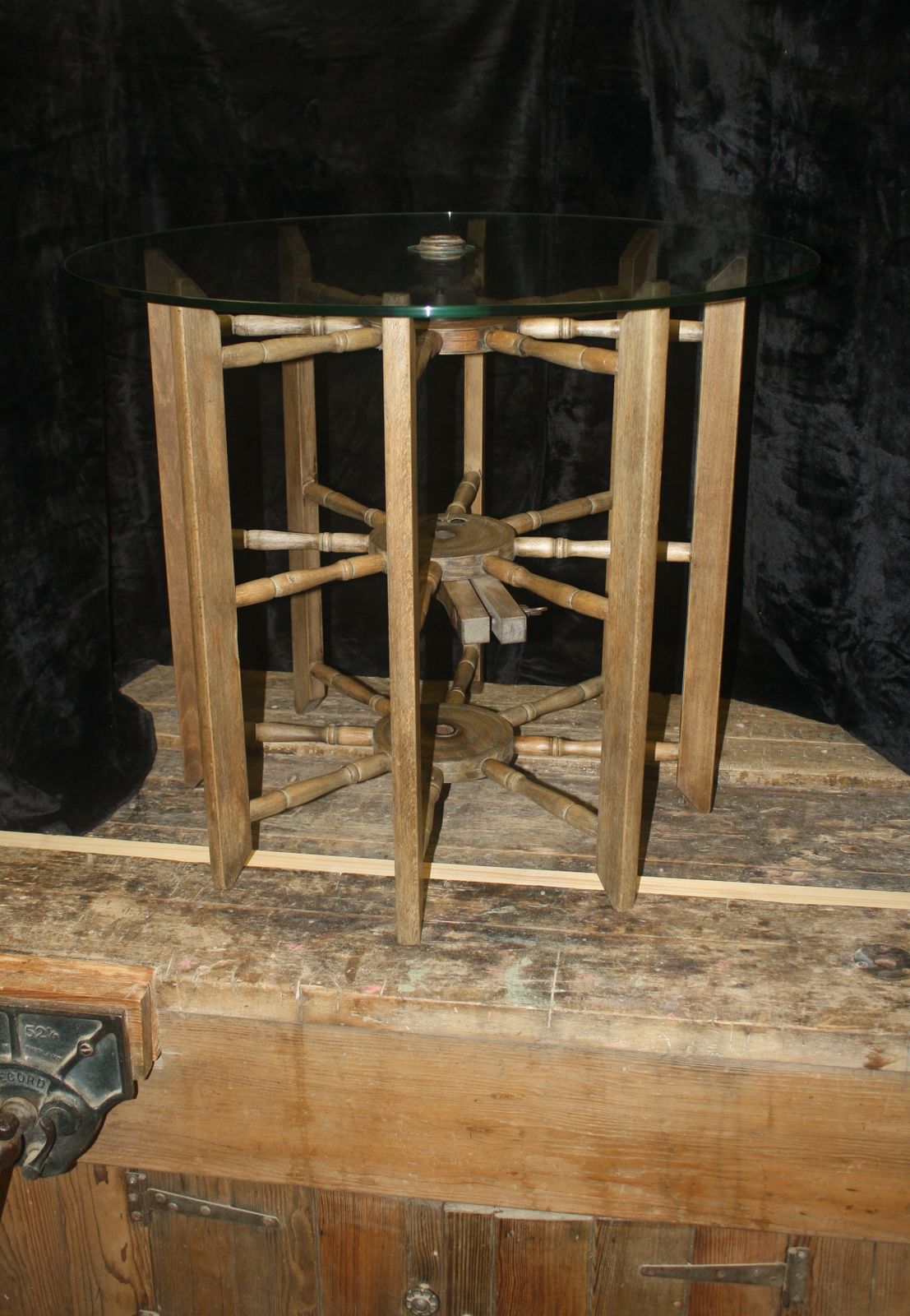 photo for sale Unique Glass Topped Table. Industrial, Aged Base With New Safety Glass Top.
