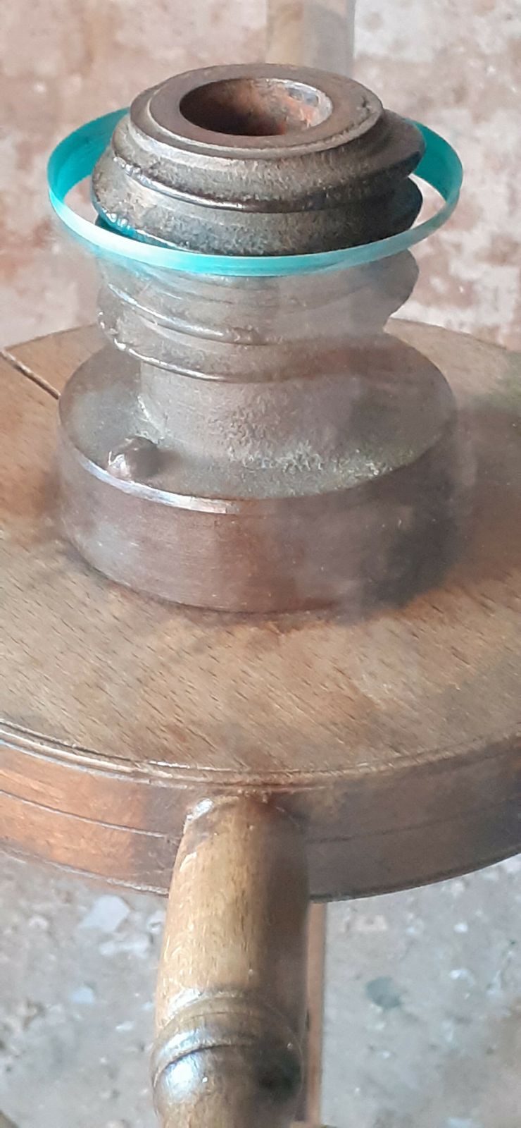 Furniture Unique Glass Topped Table. Industrial, Aged Base With New Safety Glass Top. photo