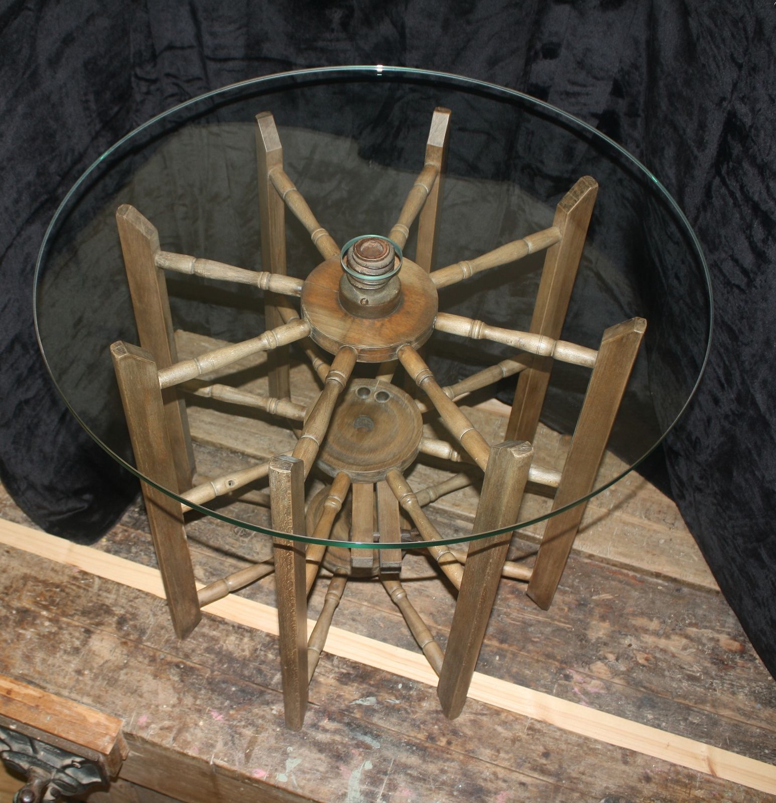 350.0 Unique Glass Topped Table. Industrial, Aged Base With New Safety Glass Top. photo