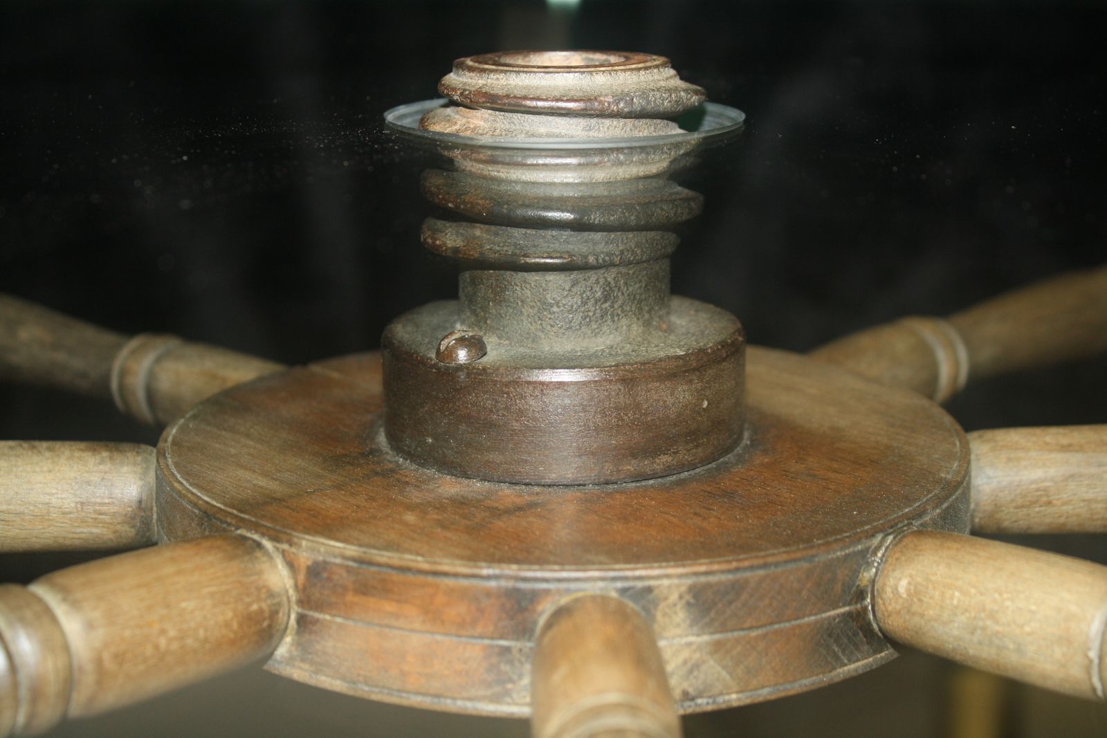 photo vinterior Unique Glass Topped Table. Industrial, Aged Base With New Safety Glass Top.