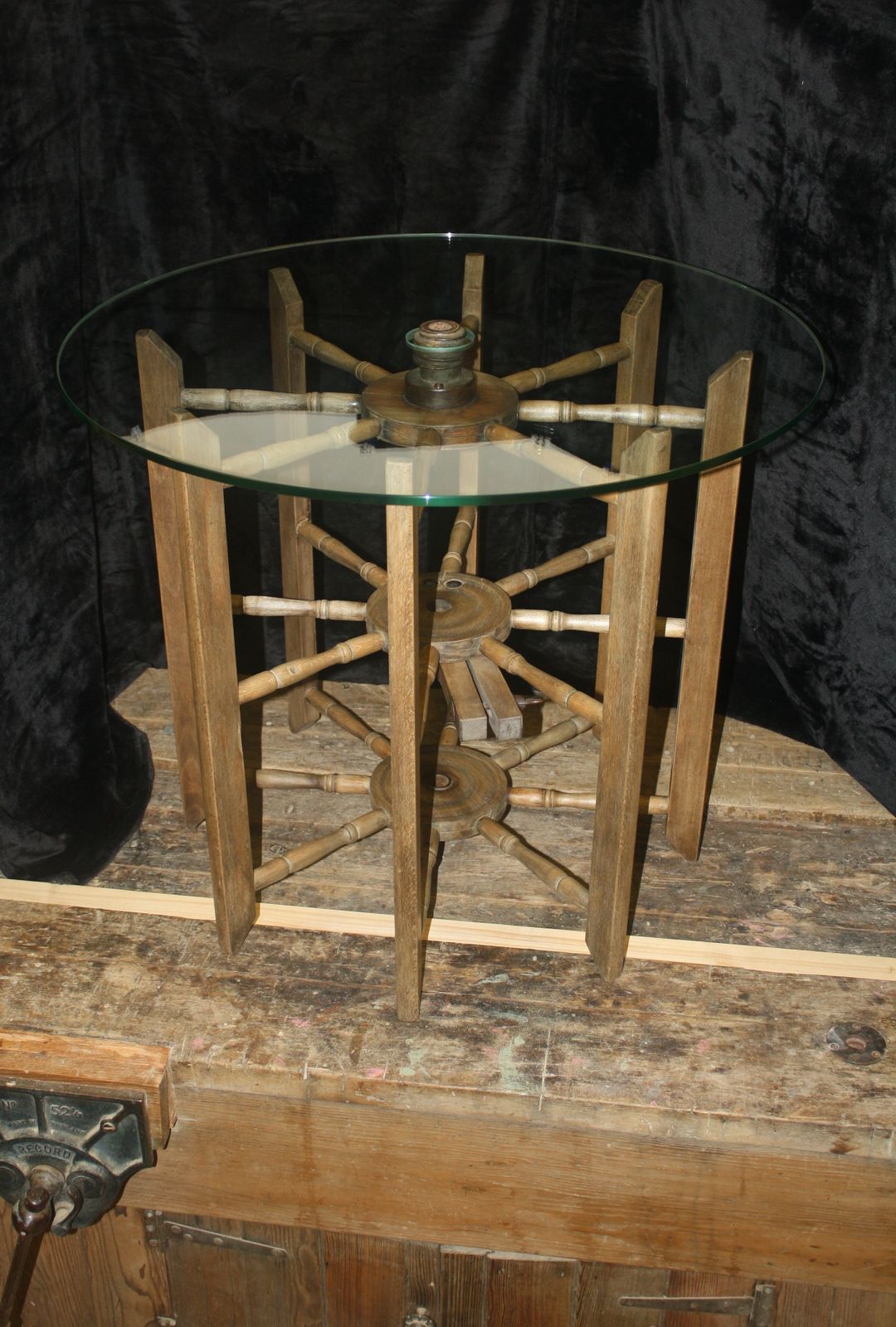 photo vintage Unique Glass Topped Table. Industrial, Aged Base With New Safety Glass Top.
