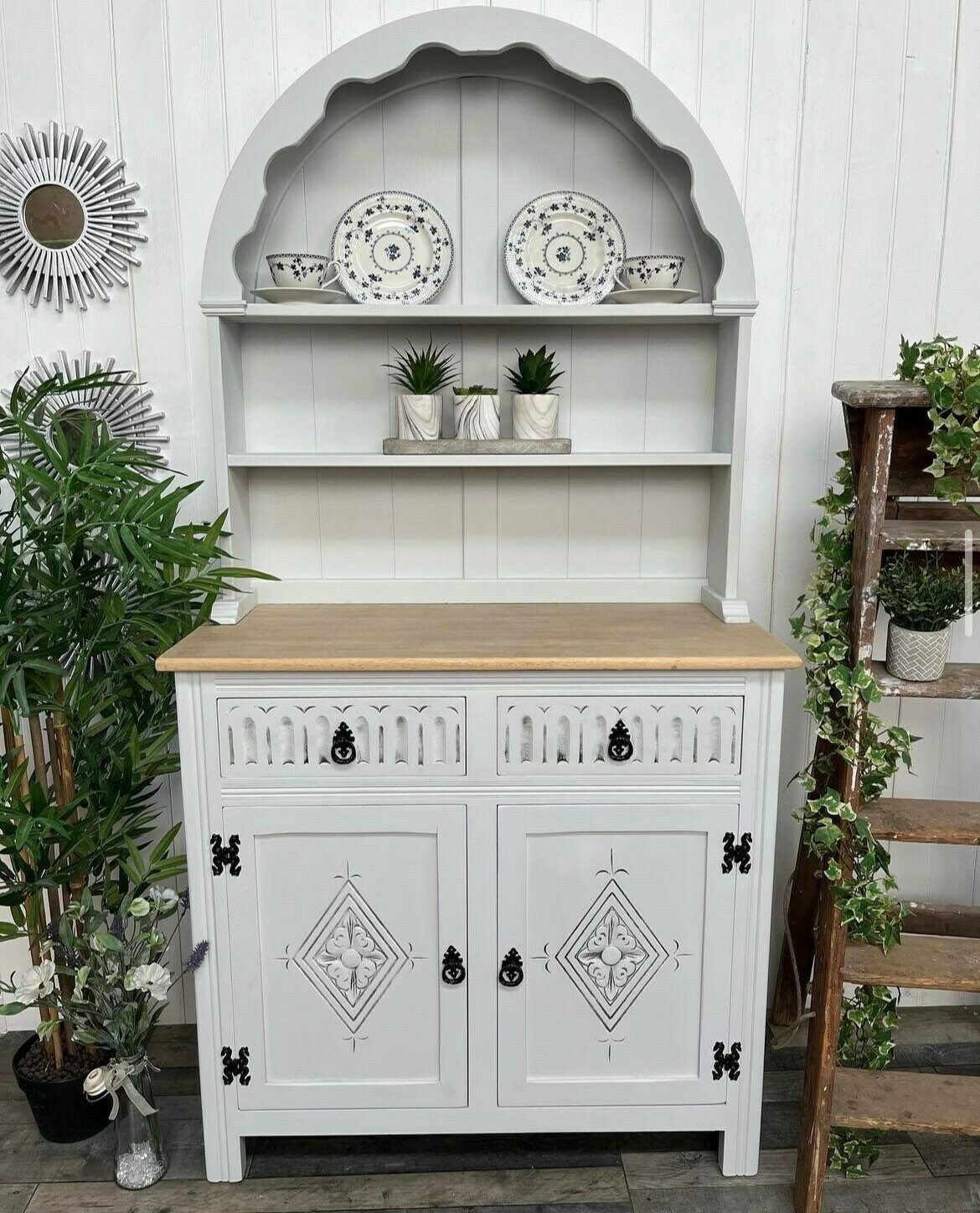 Custom Painted Upcycled And Wallpapered Small Vintage/Pine Kitchen Dutch Curved Dressers With Plate Racks & Storage Fusion Mineral Paint photo 495.0