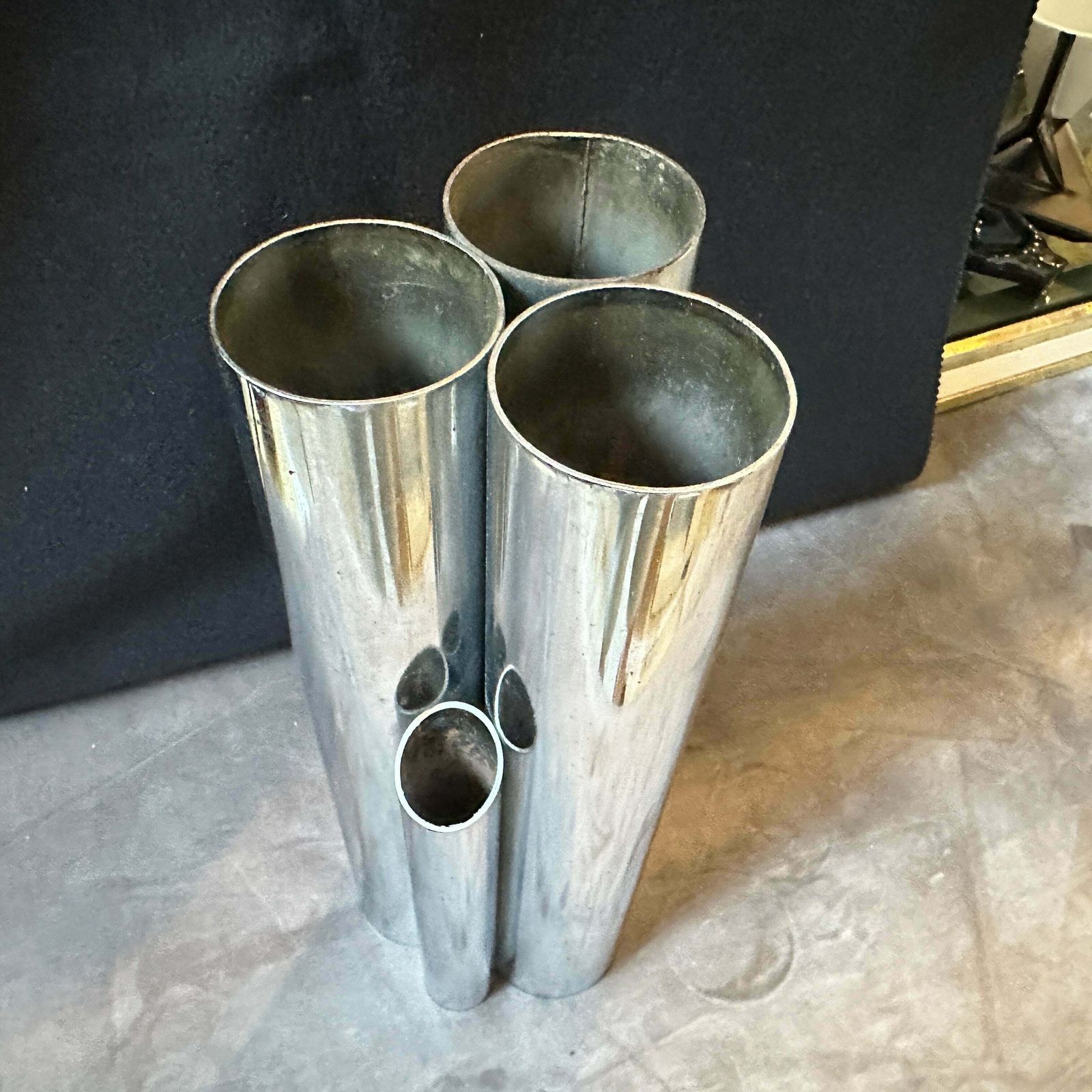 1960s Gio Ponti Style Minimalist Chromed Metal Multiple Cylinder Vase photo furniture
