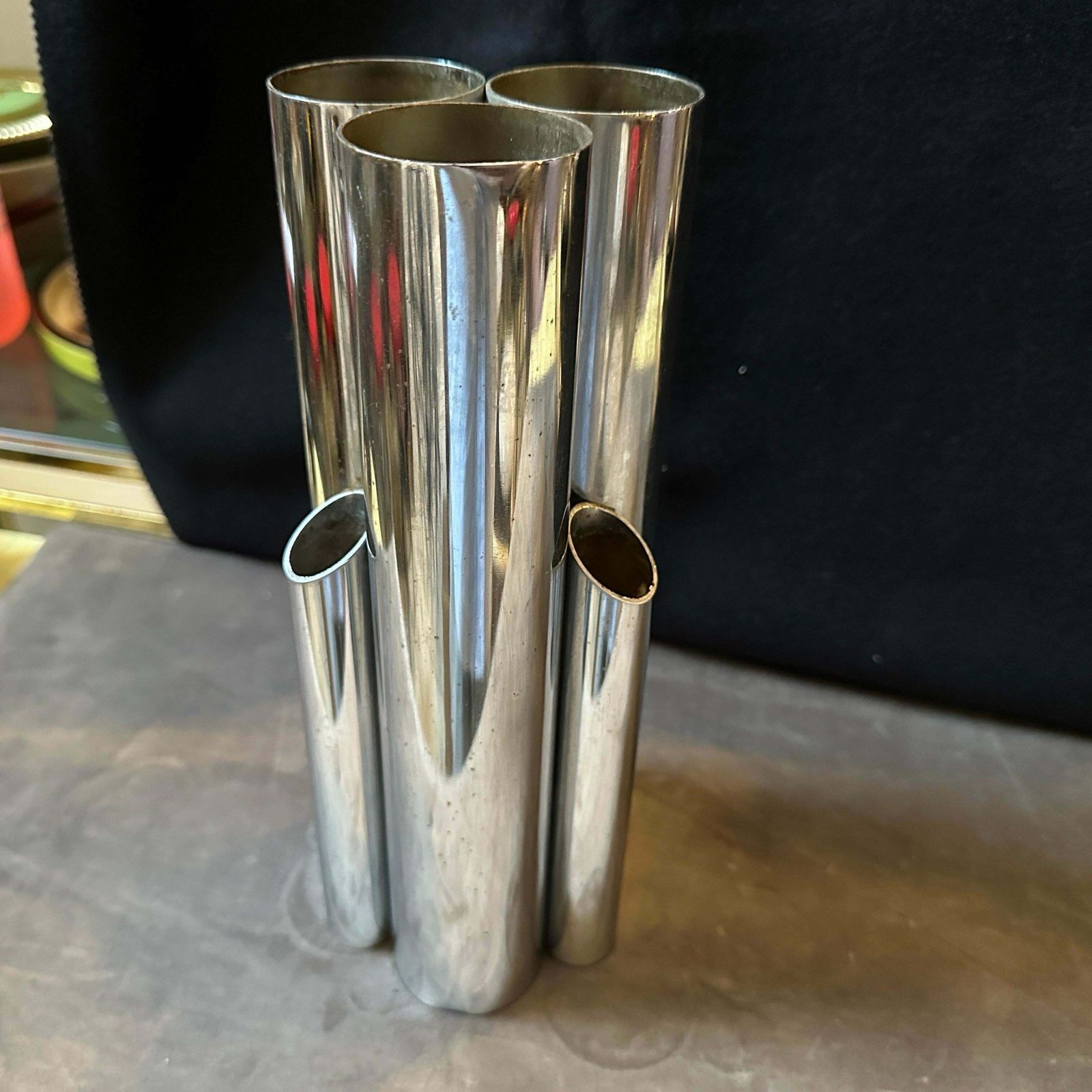 1960s Gio Ponti Style Minimalist Chromed Metal Multiple Cylinder Vase photo buy