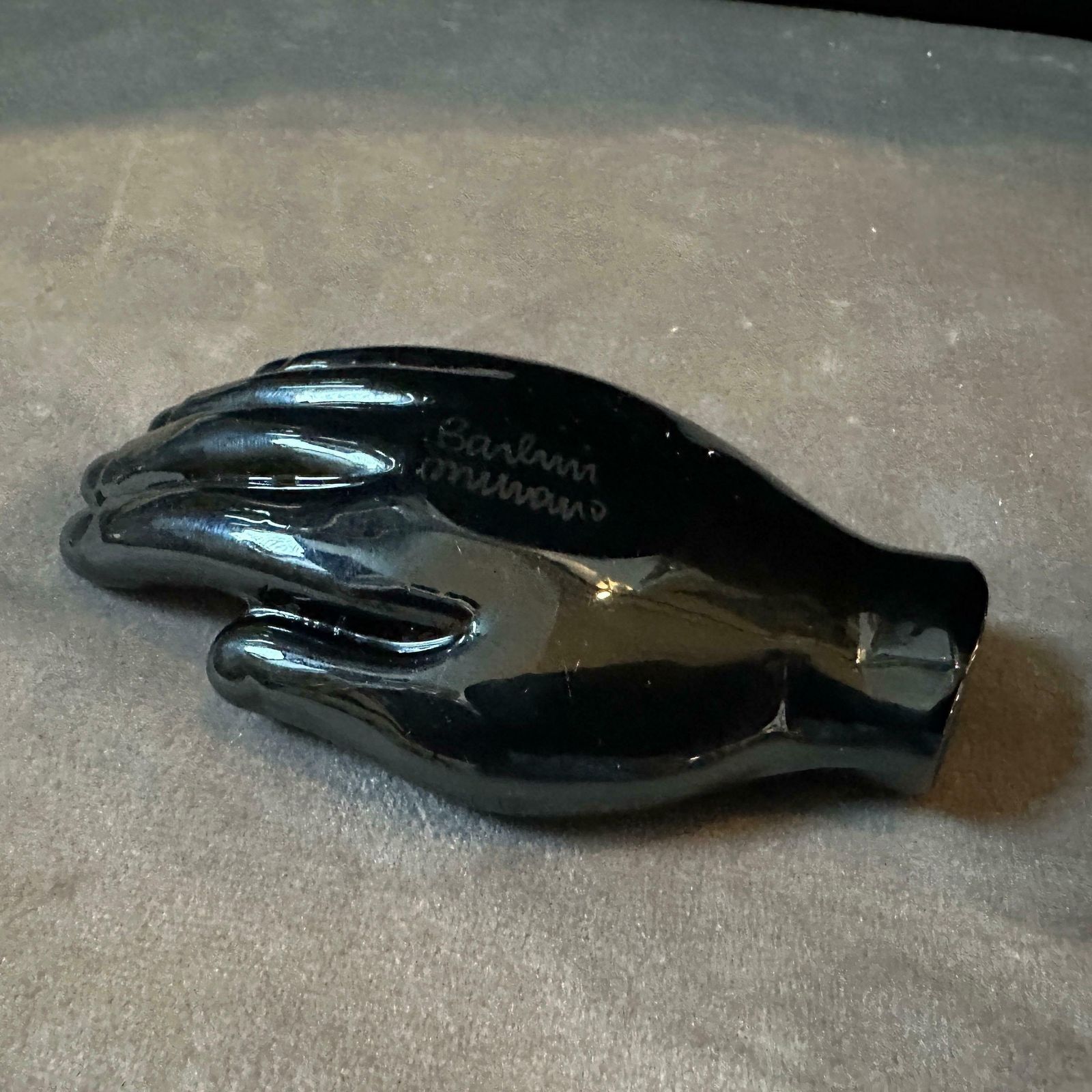 1990s Alfredo Barbini Modern Black Murano Glass Paperweight Depicting An Hand photo buy