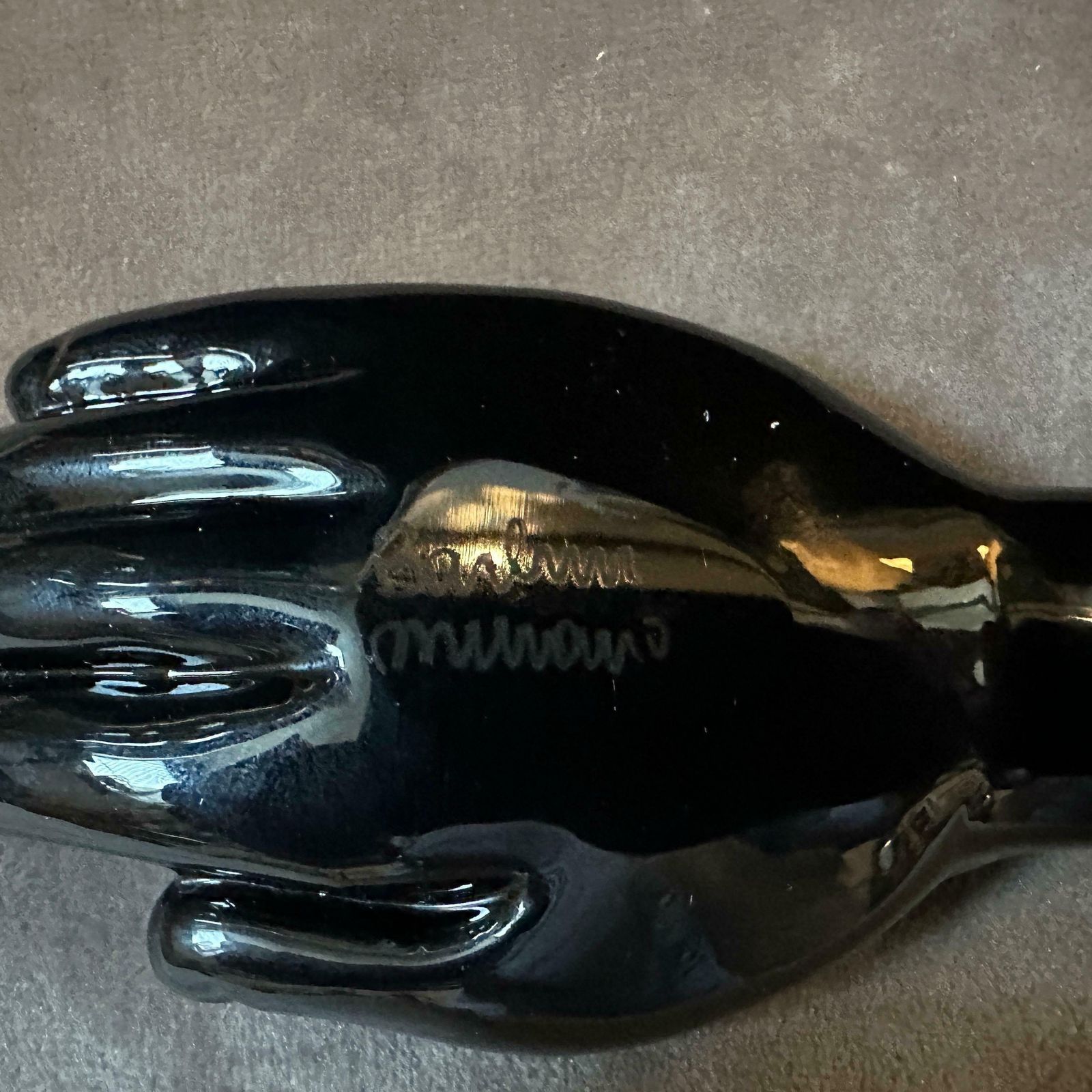 1990s Alfredo Barbini Modern Black Murano Glass Paperweight Depicting An Hand photo vintage