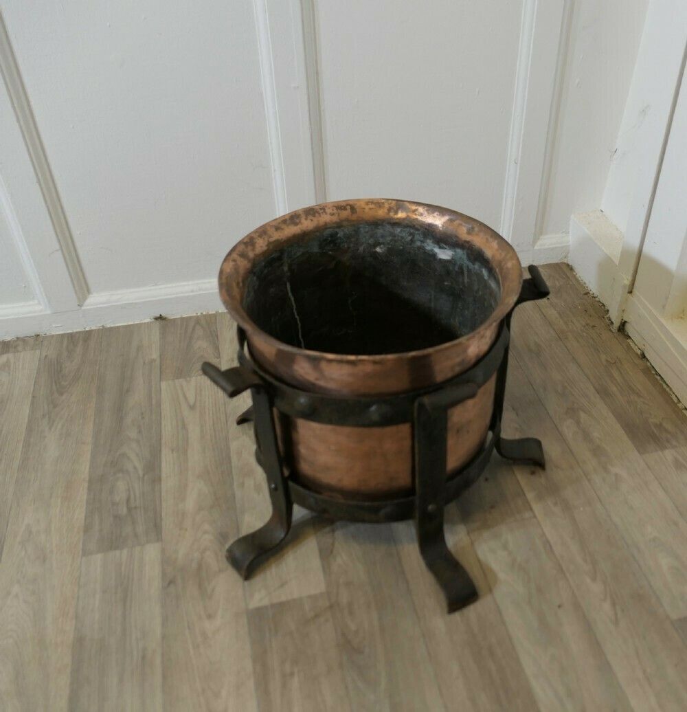 Heavy Arts And Crafts Copper And Wrought Iron Log Bin photo furniture
