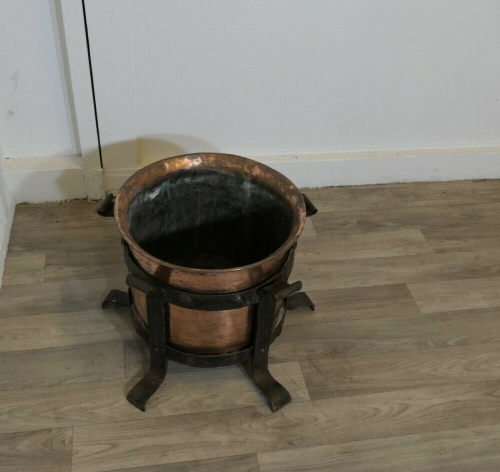 Heavy Arts And Crafts Copper And Wrought Iron Log Bin photo Garden Decor