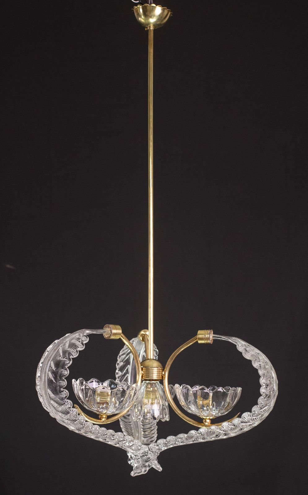 Elegant 4 Light Art Deco Murano Glass And Brass Chandelier By Barovier photo for sale
