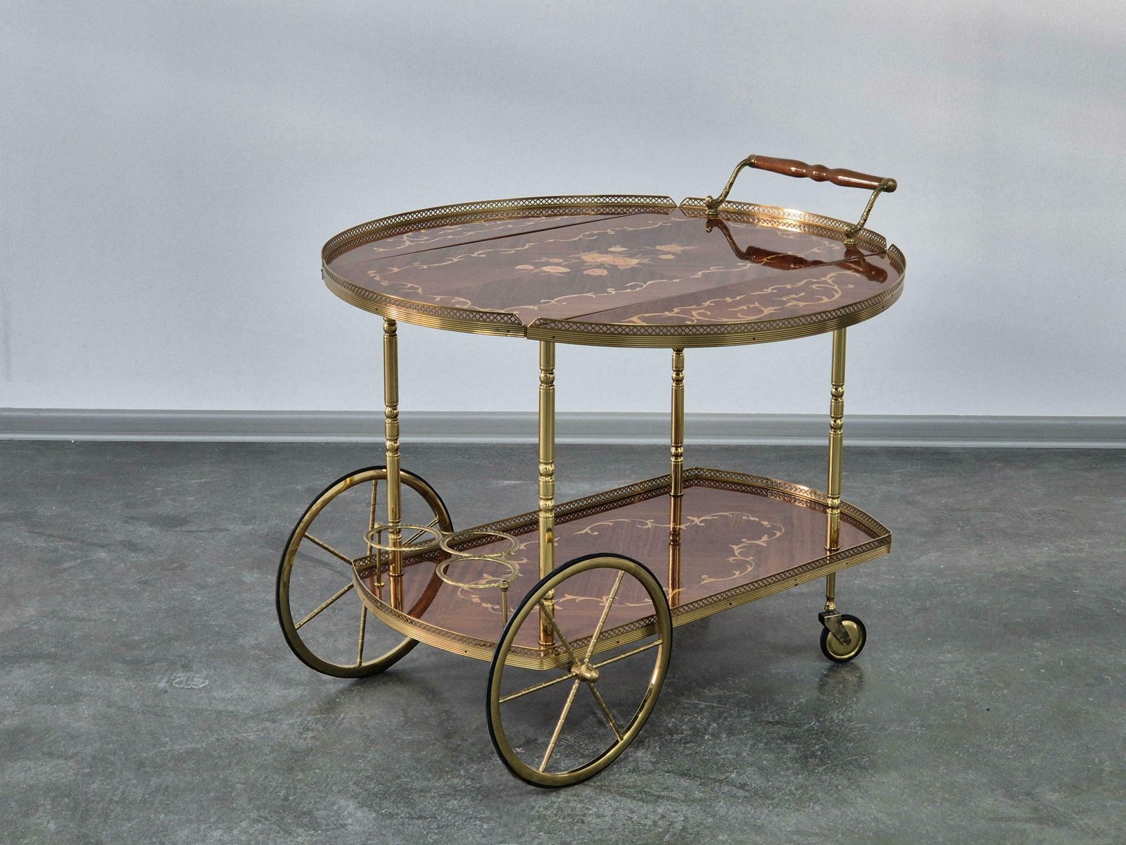 Serving Drink Bar Cart Trolley With Side Flaps, Marquetry Inlays, 1970s. photo furniture