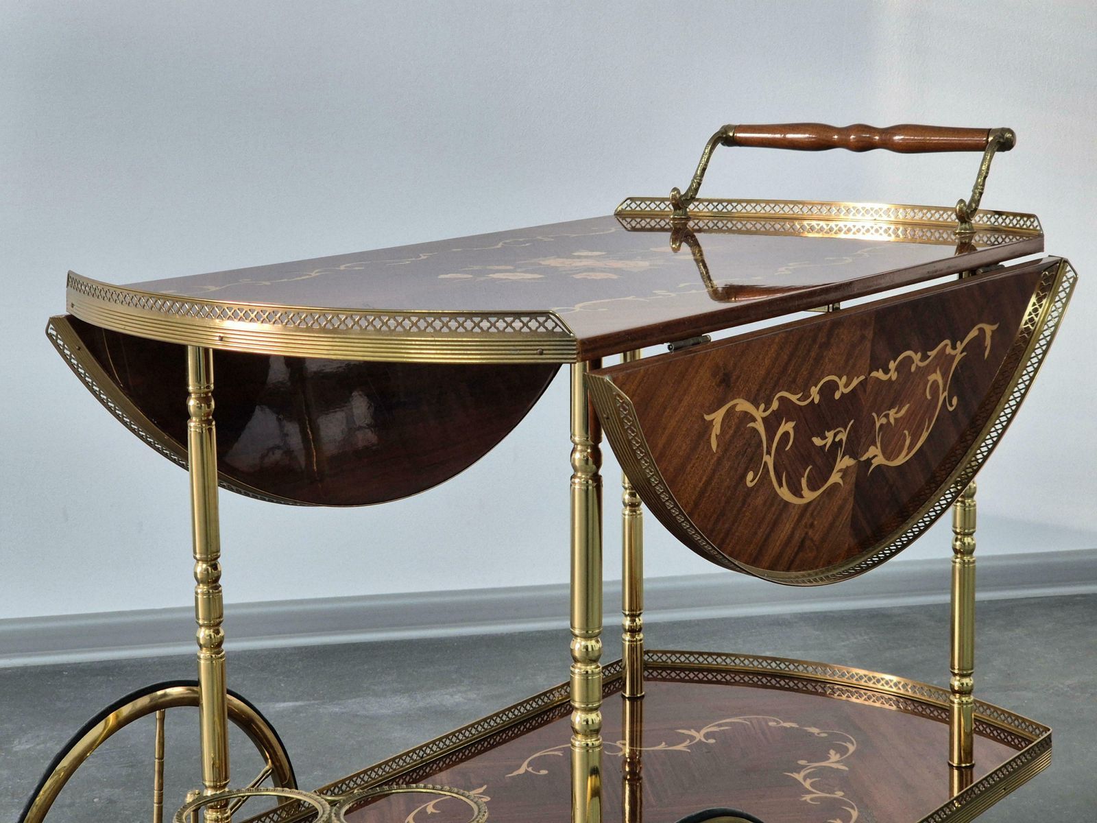 Serving Drink Bar Cart Trolley With Side Flaps, Marquetry Inlays, 1970s. photo vinterior