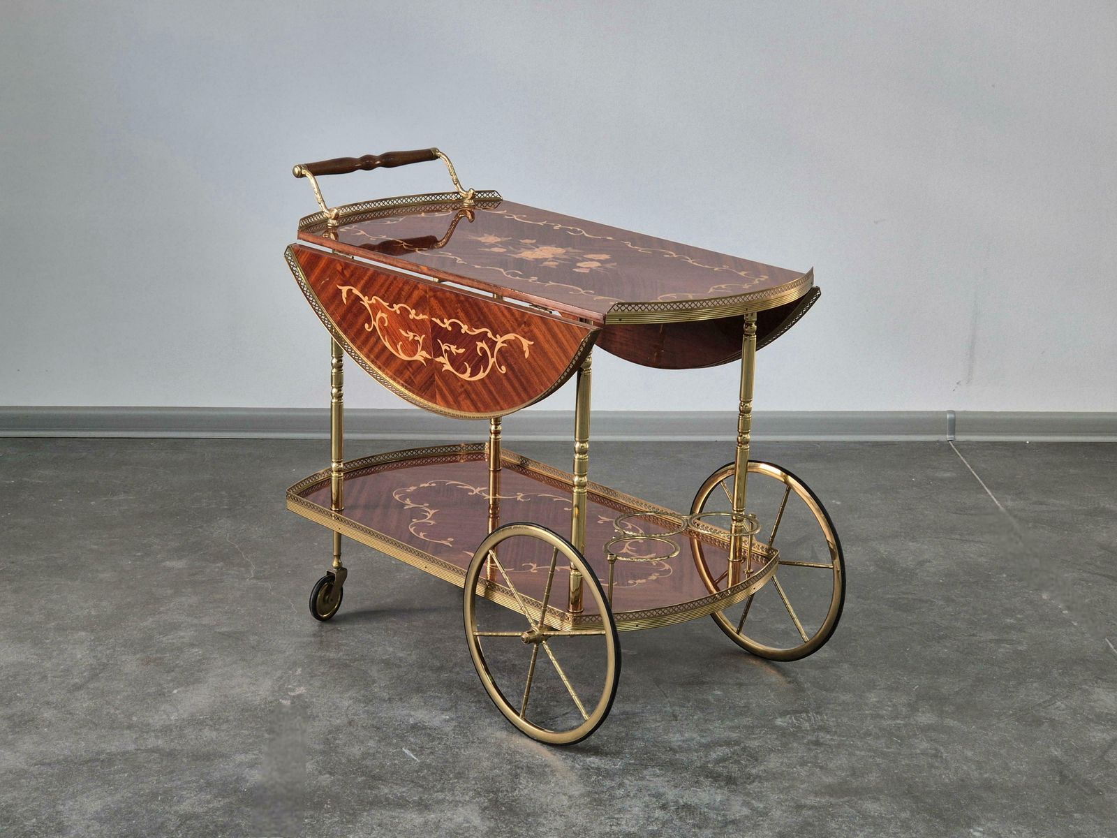 921.0 Serving Drink Bar Cart Trolley With Side Flaps, Marquetry Inlays, 1970s. photo