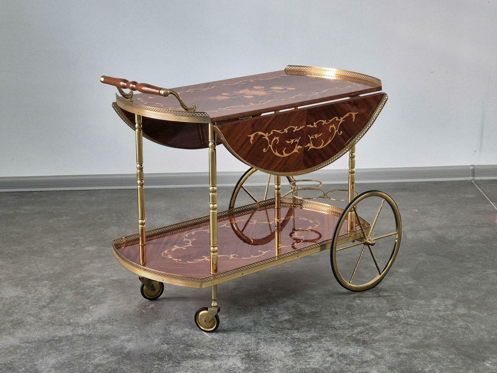 photo vinterior Serving Drink Bar Cart Trolley With Side Flaps, Marquetry Inlays, 1970s.