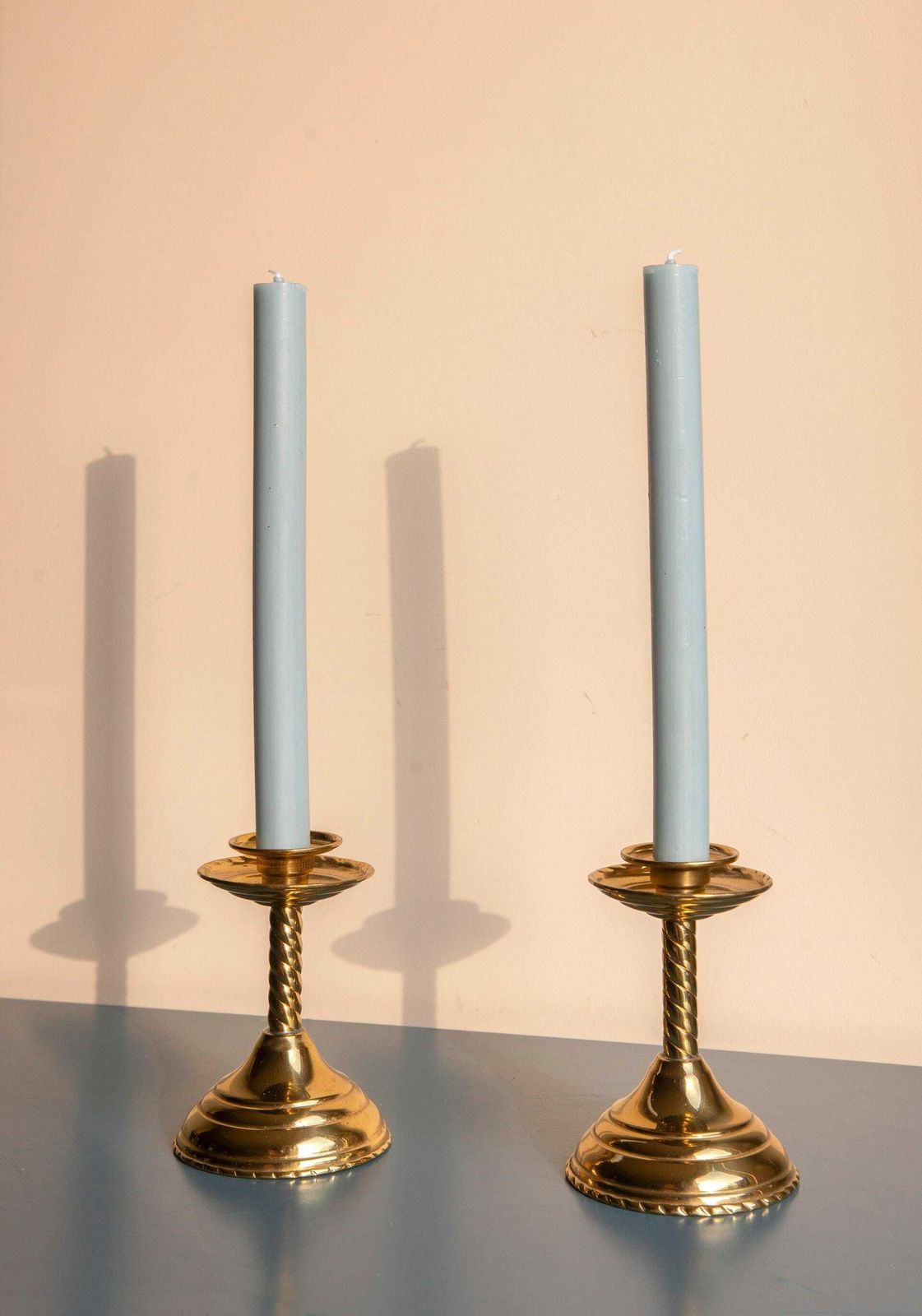 Brass Twisted Candle Holders, Two Golden Spiral Candlesticks, Barley Twist, Victorian Turned Candelabra, Country Home Decor photo vinterior