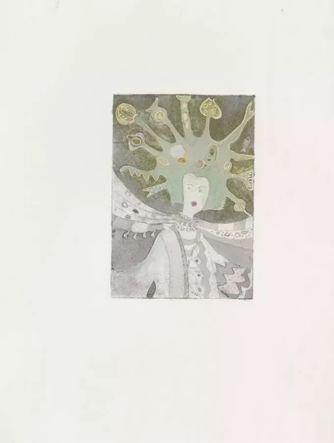 Patricia Johnstone (1944 2023)   Contemporary Etching, A Modern Day Queen photo furniture