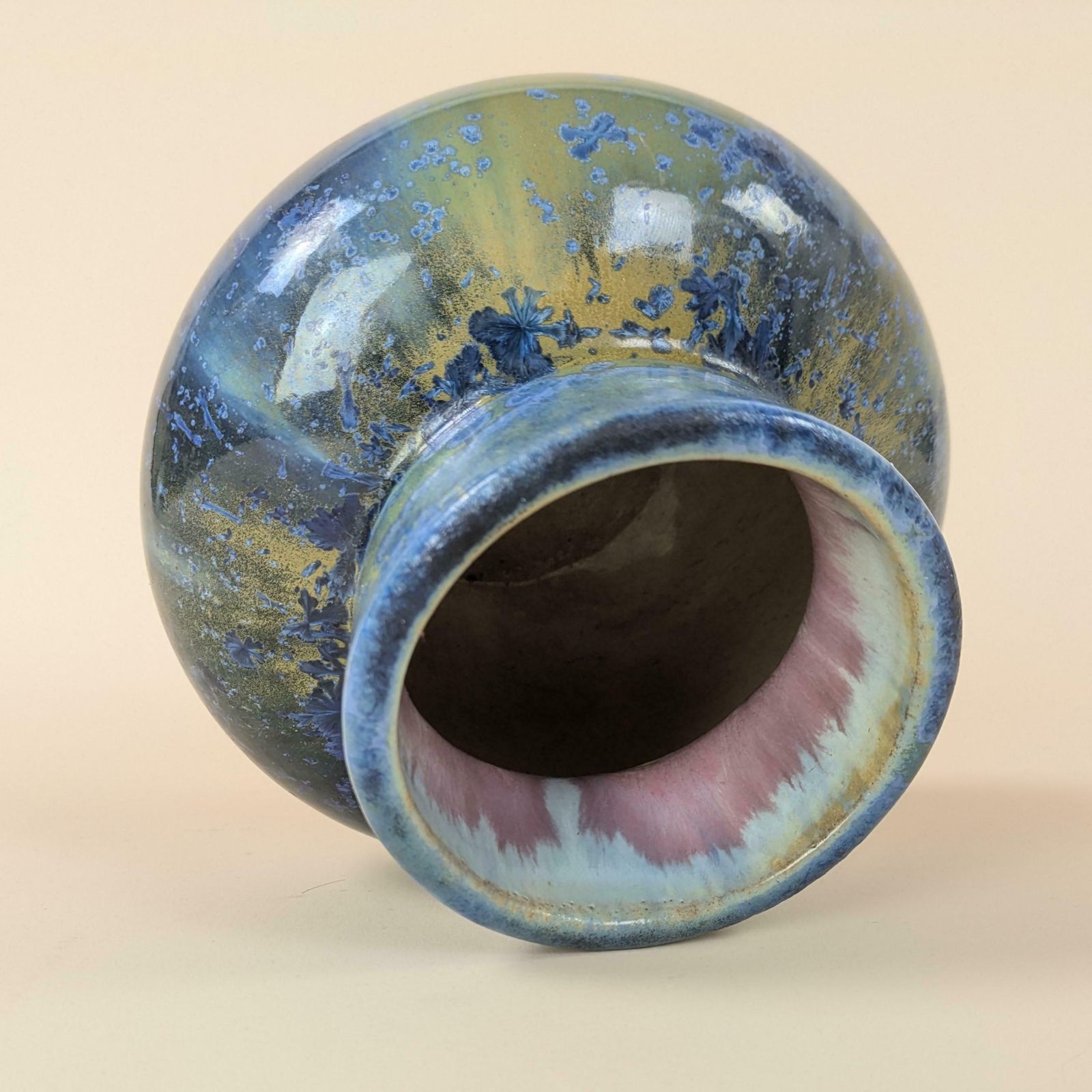 Antique French Art Nouveau Pierrefonds Crystal Bleu Glaze Pottery Vase photo for sale