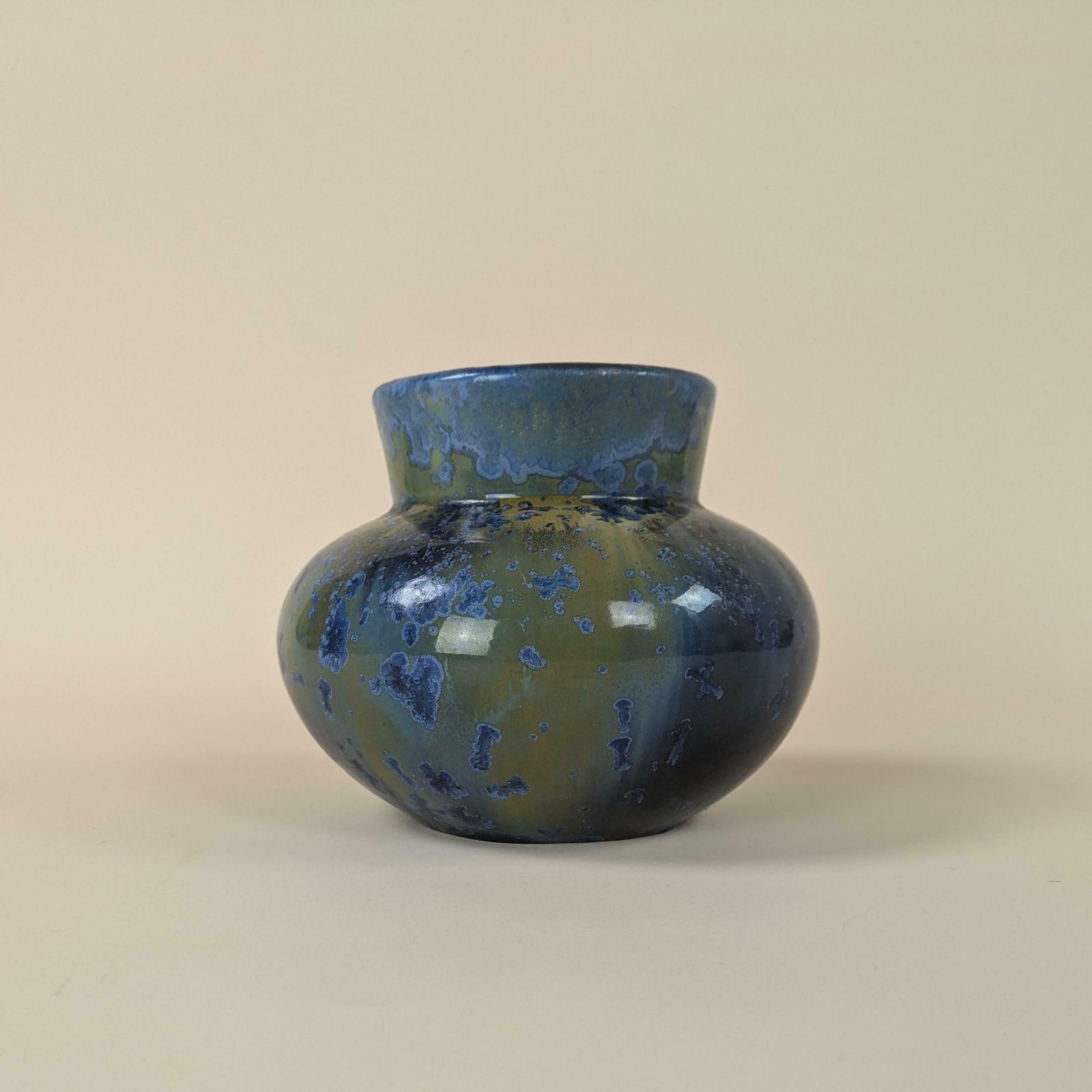 Antique French Art Nouveau Pierrefonds Crystal Bleu Glaze Pottery Vase photo vinterior